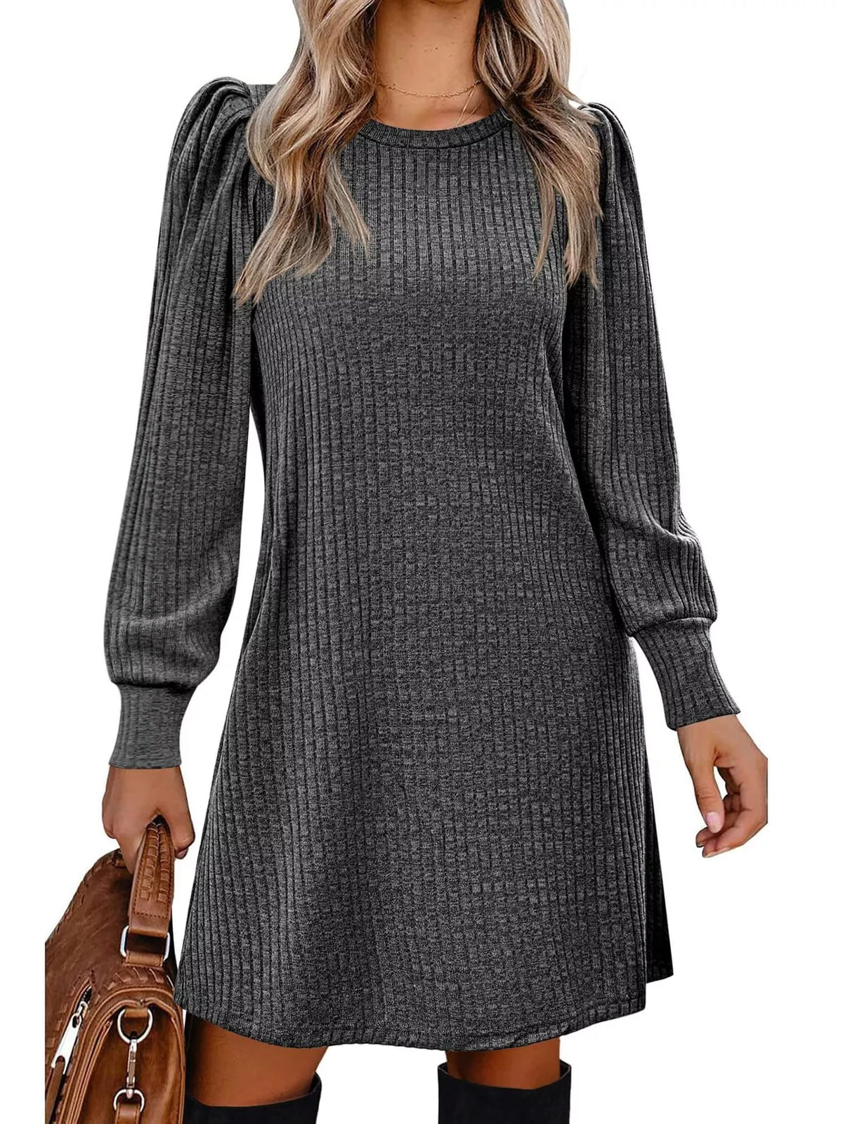 Ribbed puff-sleeve dress, gray front