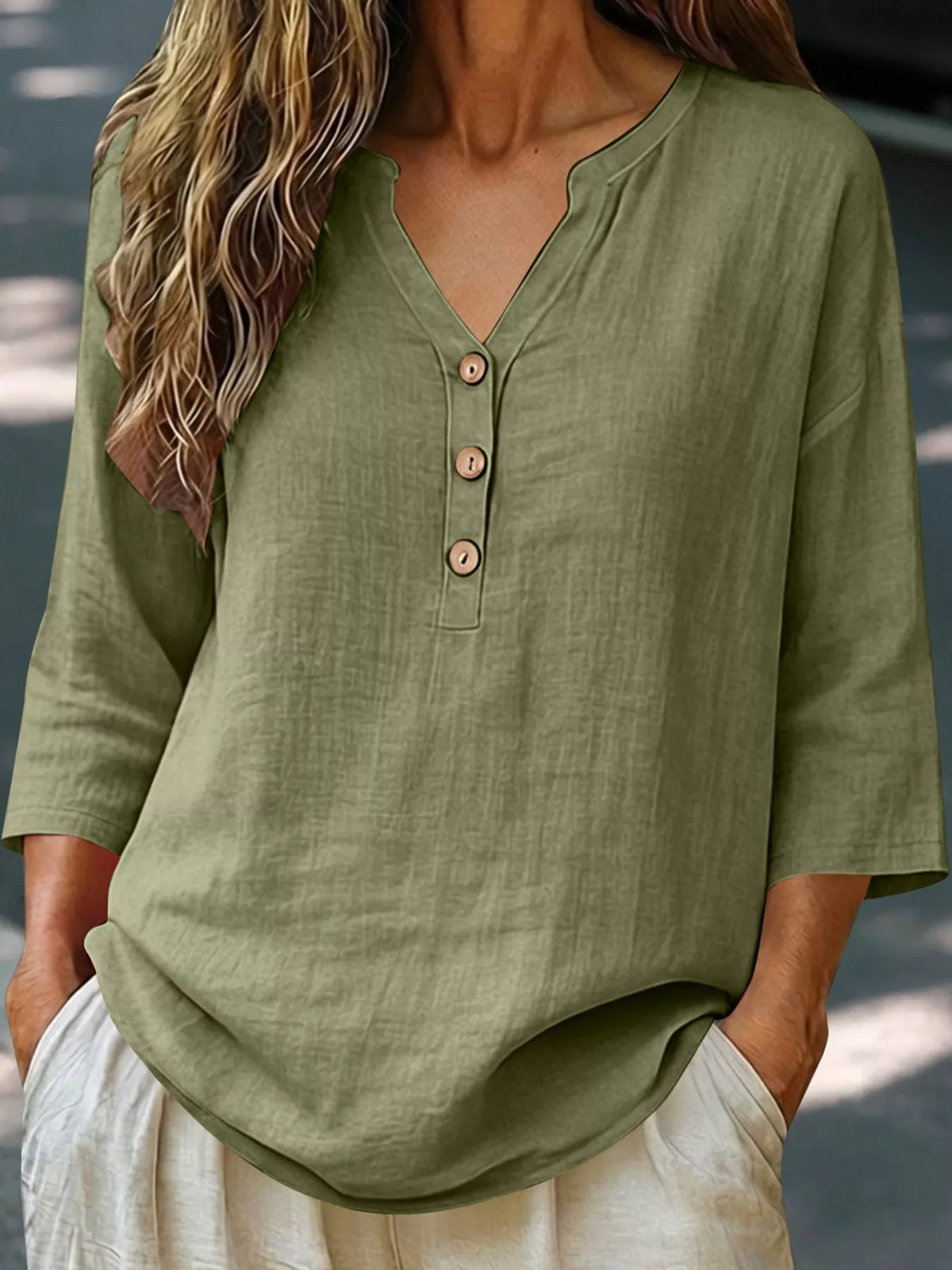 Button Notched 3/4 Sleeve Blouse in olive green, front view