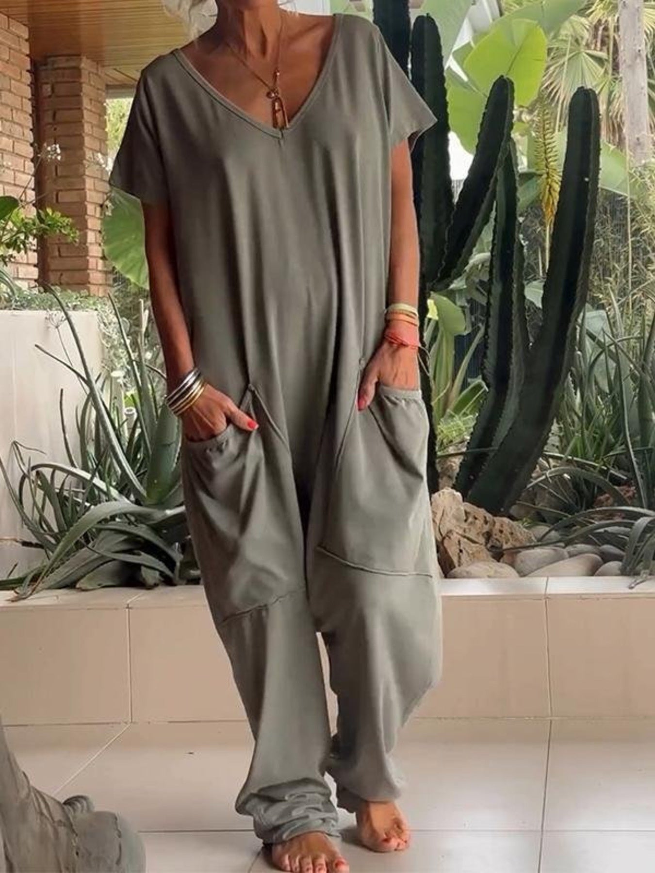 Trendsi Full Size Loose Fit V-Neck Short Sleeve Wide Leg Jumpsuit Plus Size -