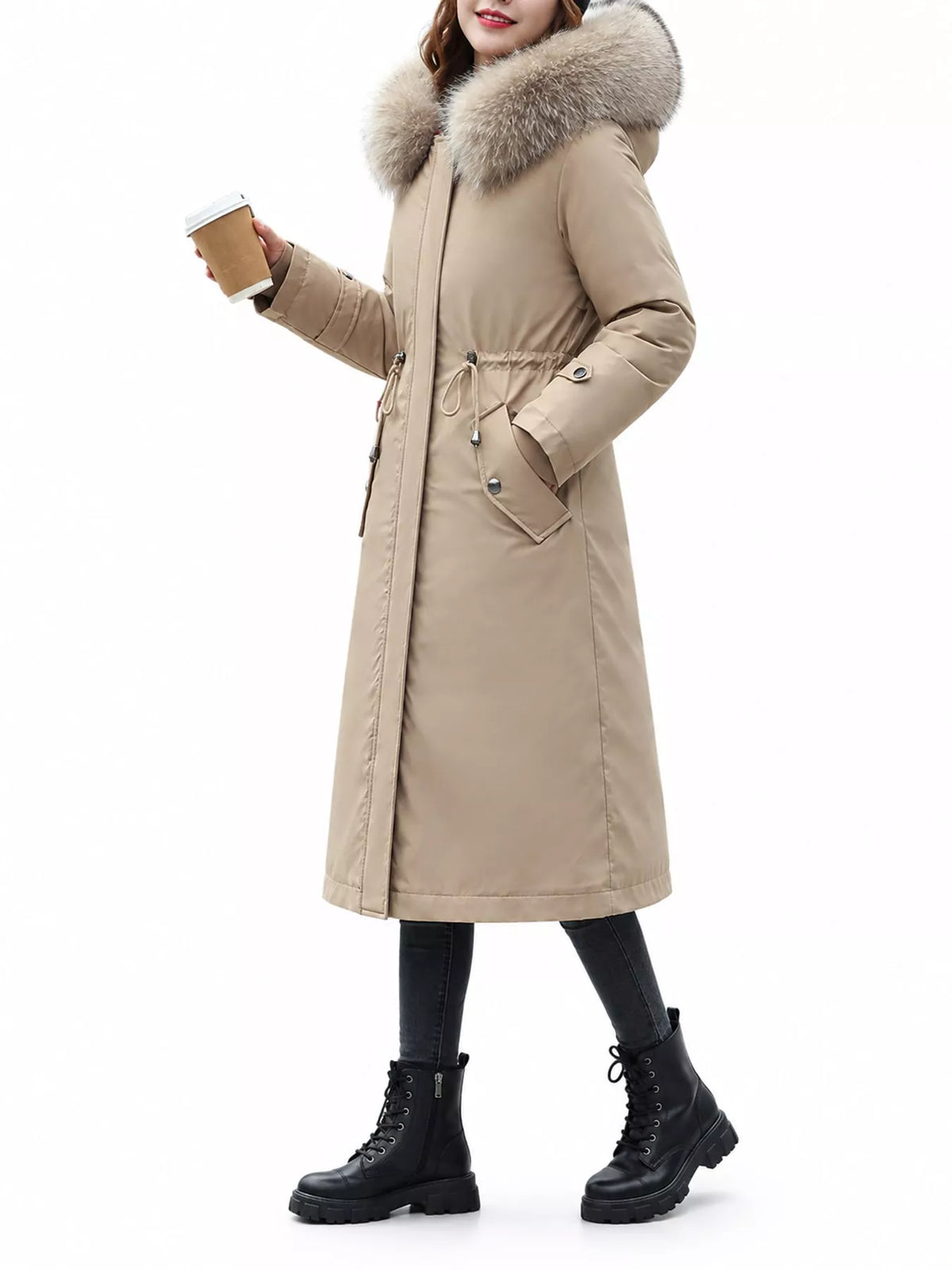 Faux-fur-trim parka, beige side