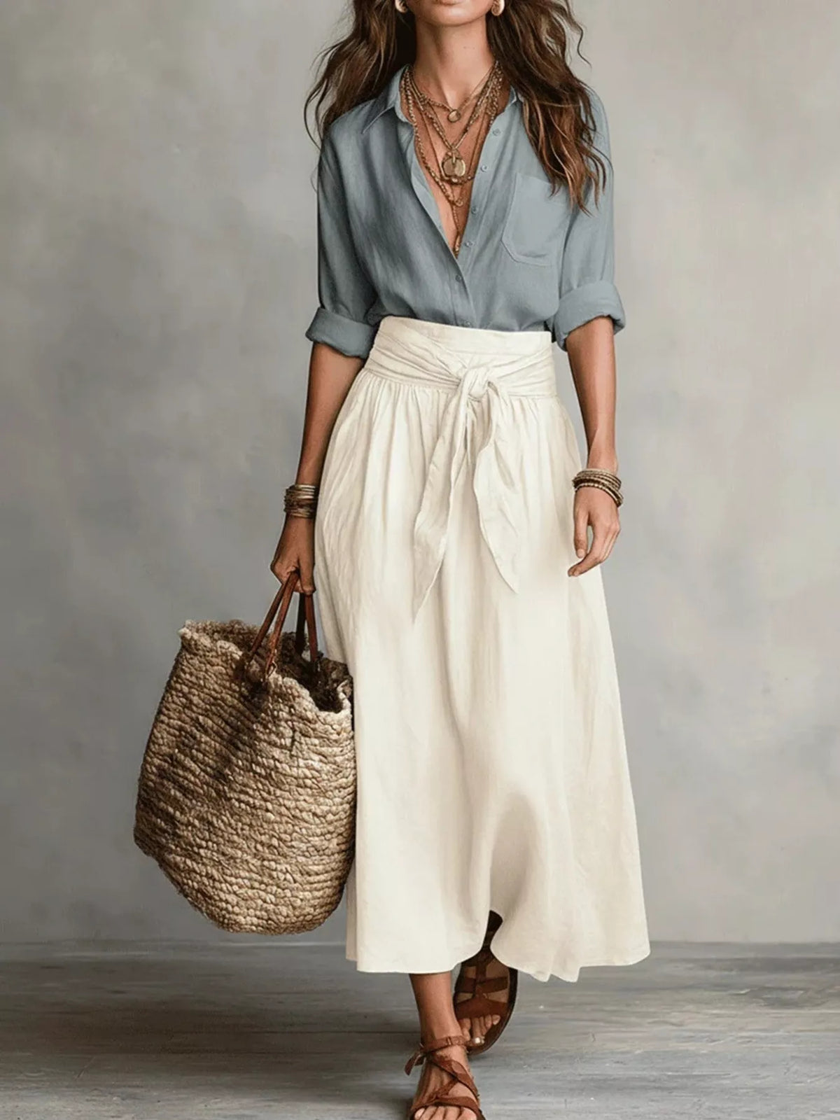 Blue and cream button-front shirt and skirt set, full front view