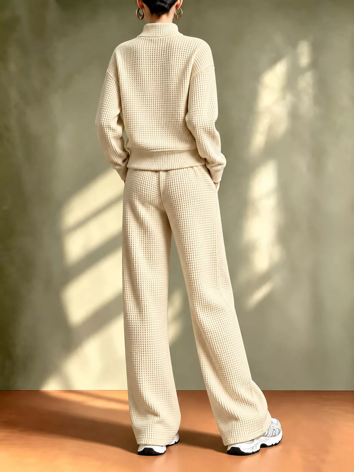 Apricot Color waffle knit button-up outerwear and wide-leg pants set, back view
