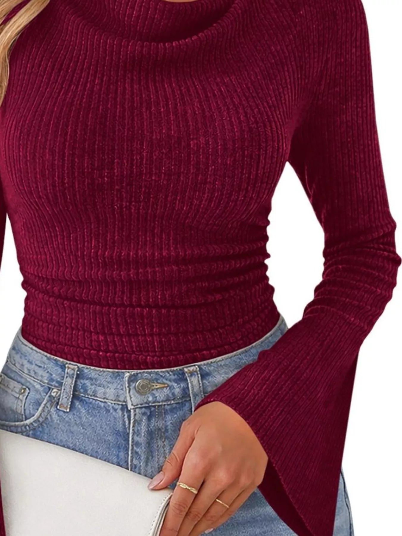 Trendsi Ribbed Knit Cowl Neck Flared Sleeves Top -