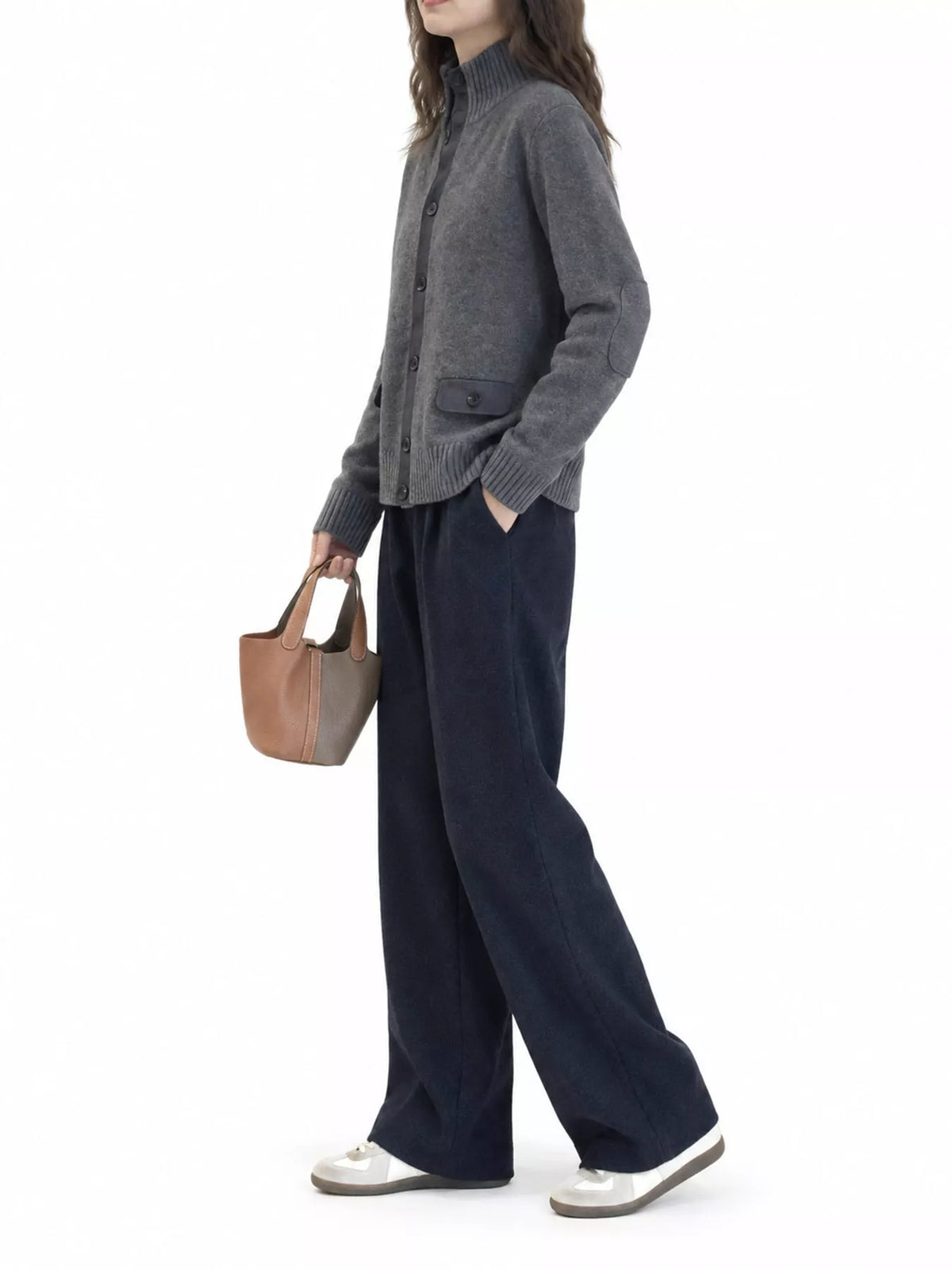 Ribbed-Knit Mock Neck Cardigan in gray, side view