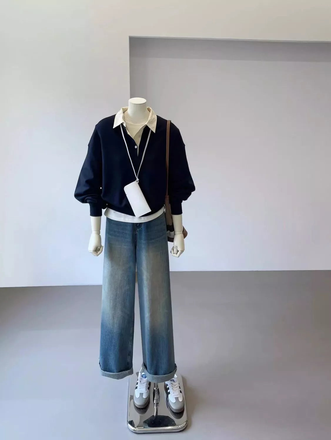Navy polo-collar layered-look sweatshirt