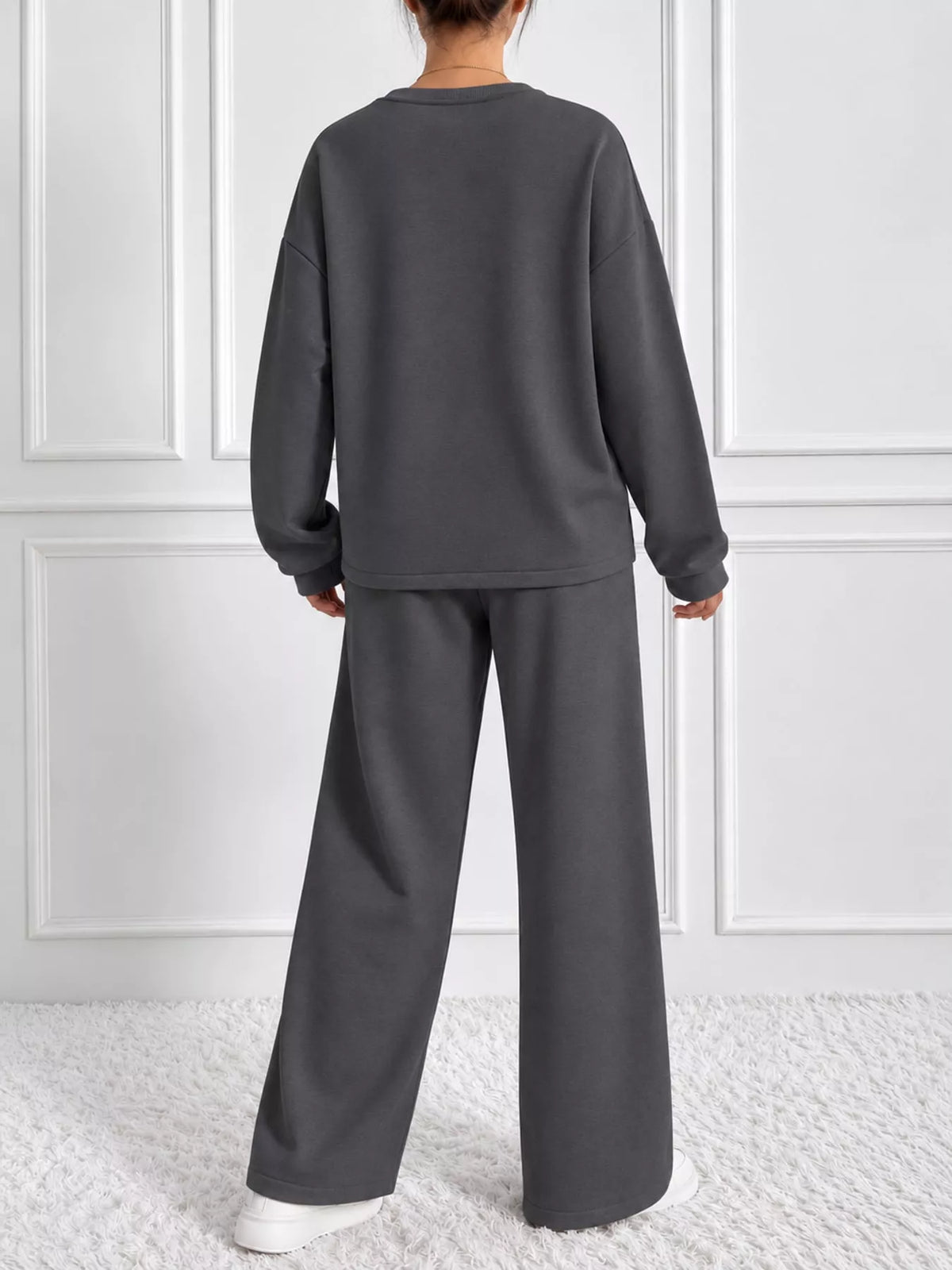 Charcoal oversized sweatshirt and wide-leg pants set — back view
