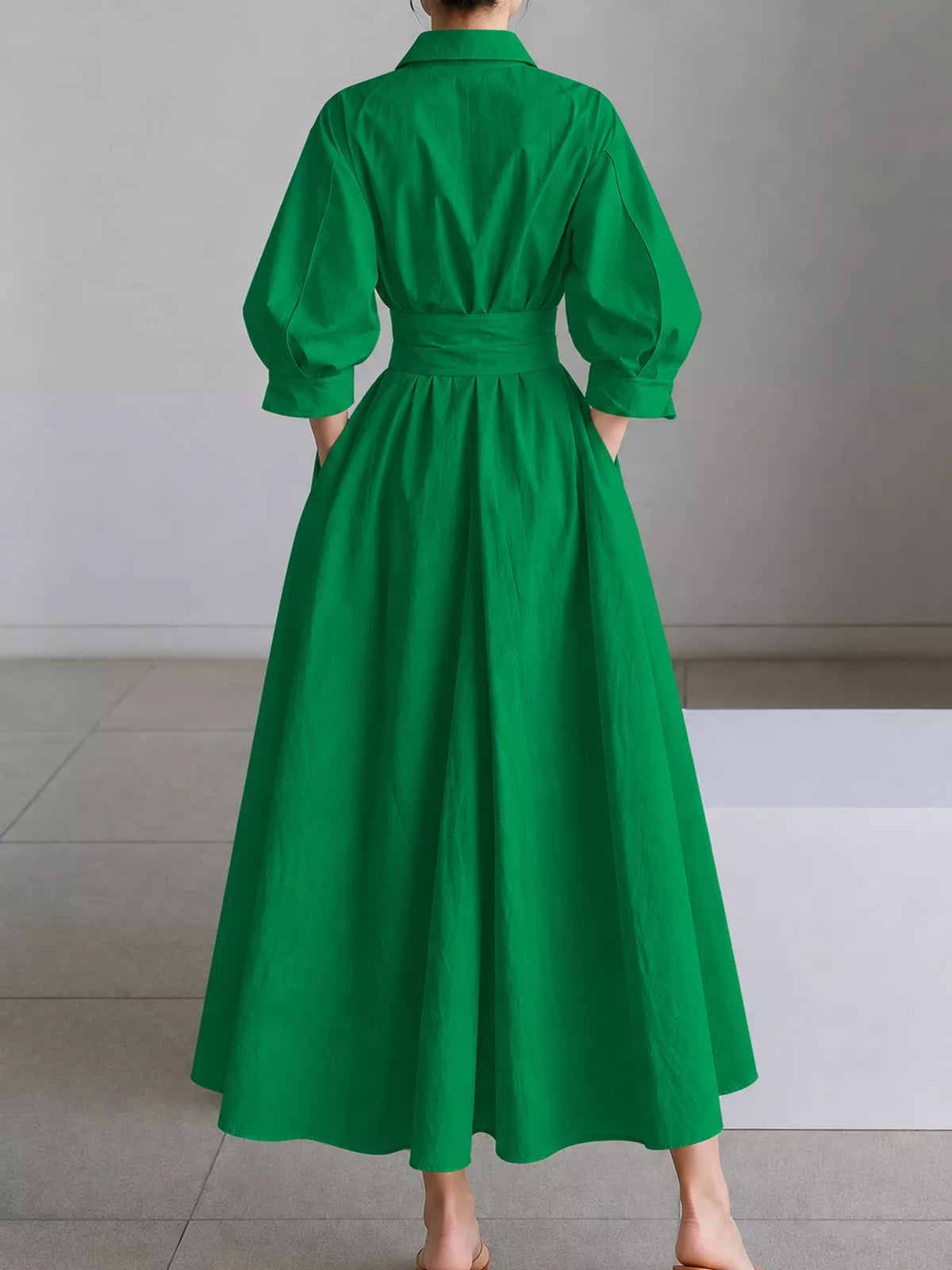 Collared Three-Quarter Sleeve Midi Shirt Dress — back view