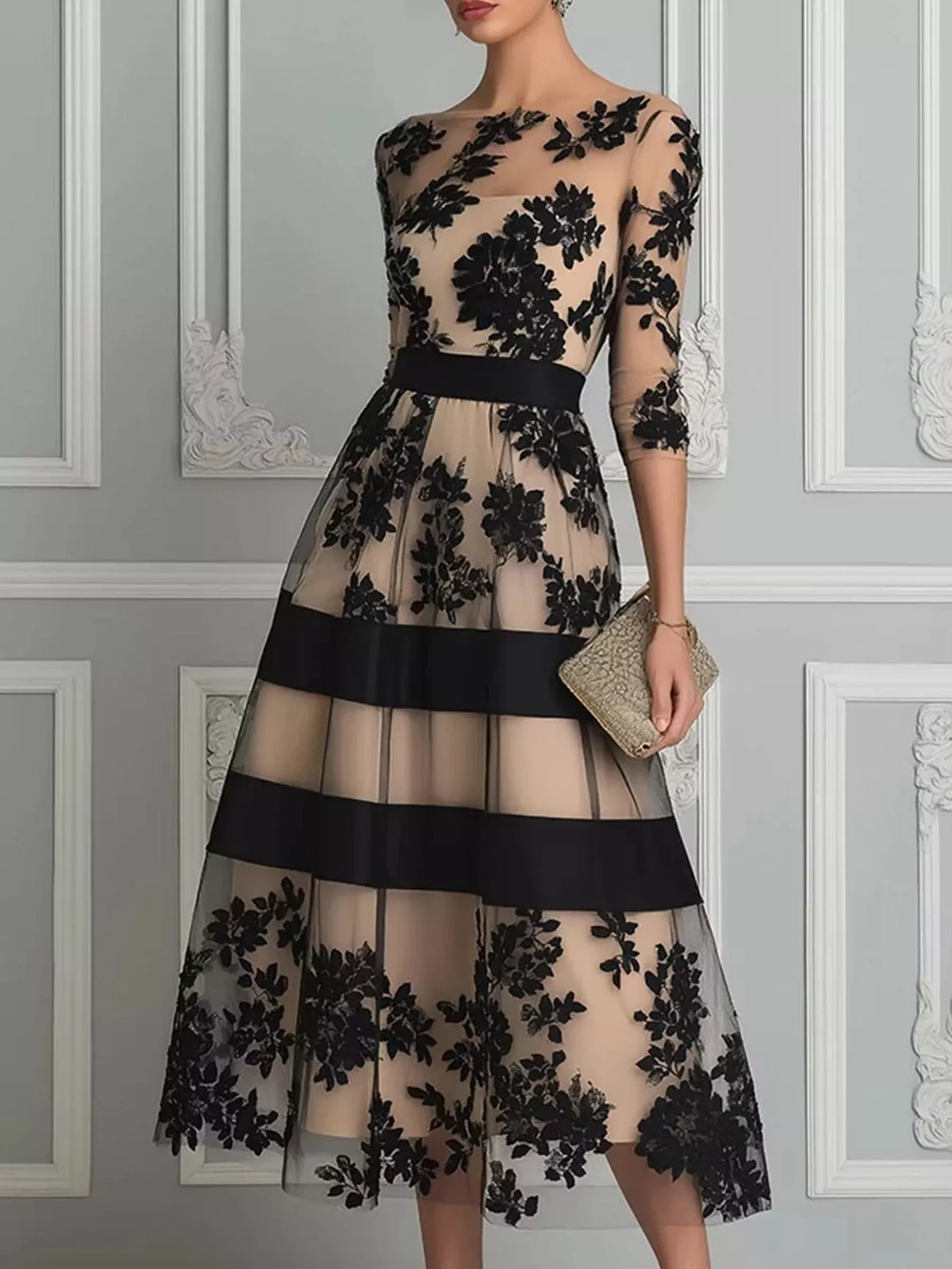 Beige and black floral tulle midi dress with black horizontal trim