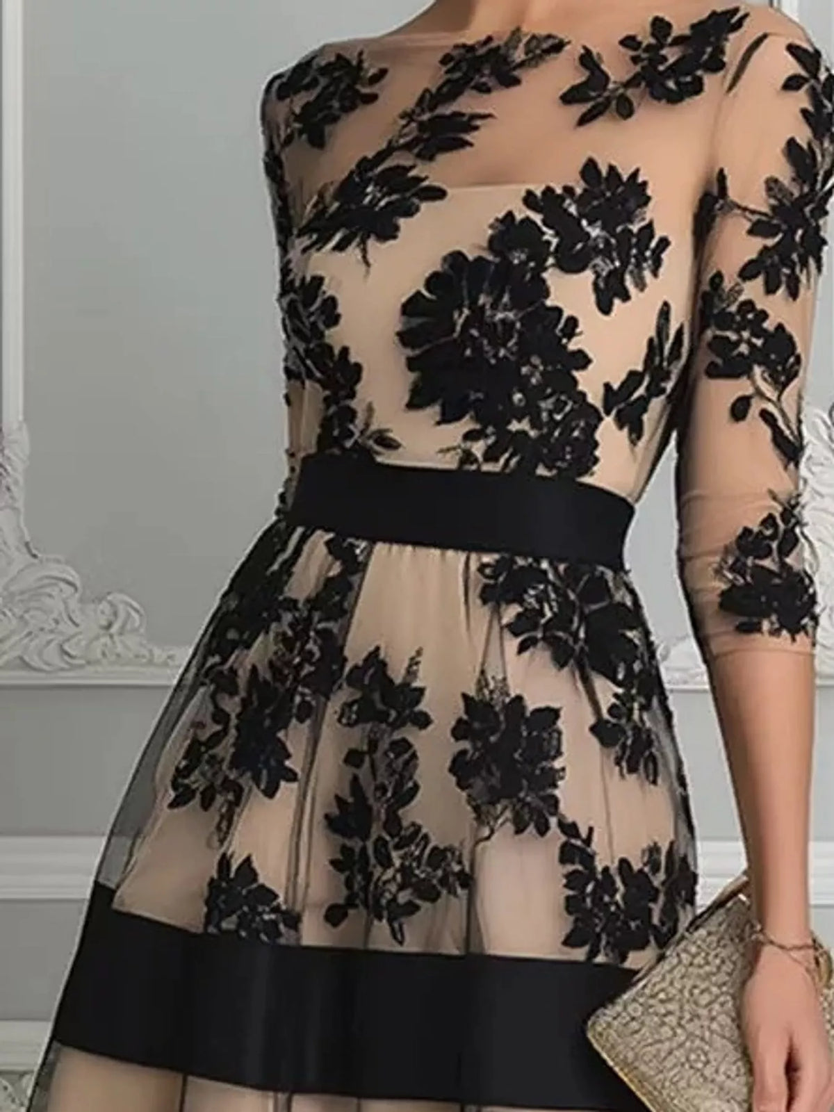 Beige and black floral tulle midi dress with black horizontal trim
