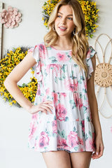 Trendsi Women’s Floral Print Tiered Short Sleeve Round Neck Shirt Polyester Plus Size - Shirts