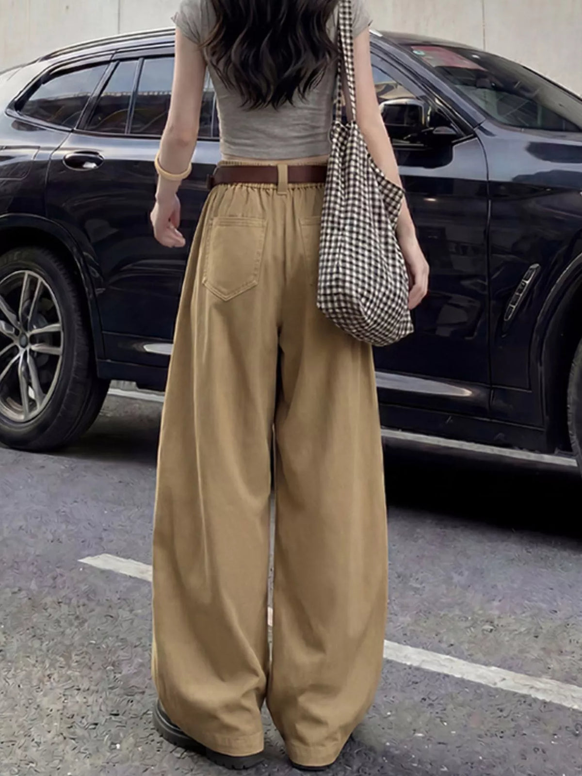 Khaki wide-leg pants, back view