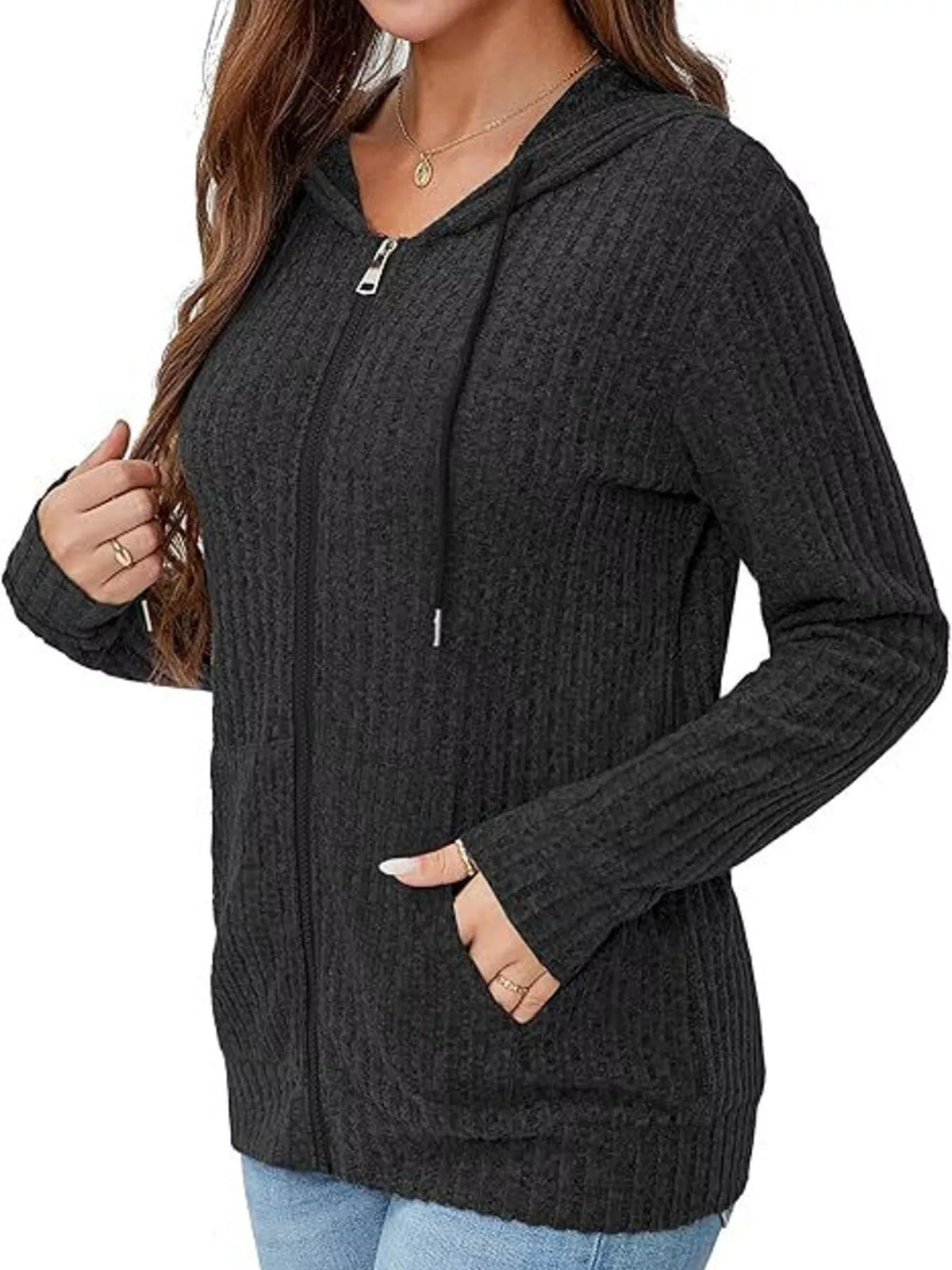 Charcoal ribbed knit zip-up hooded cardigan