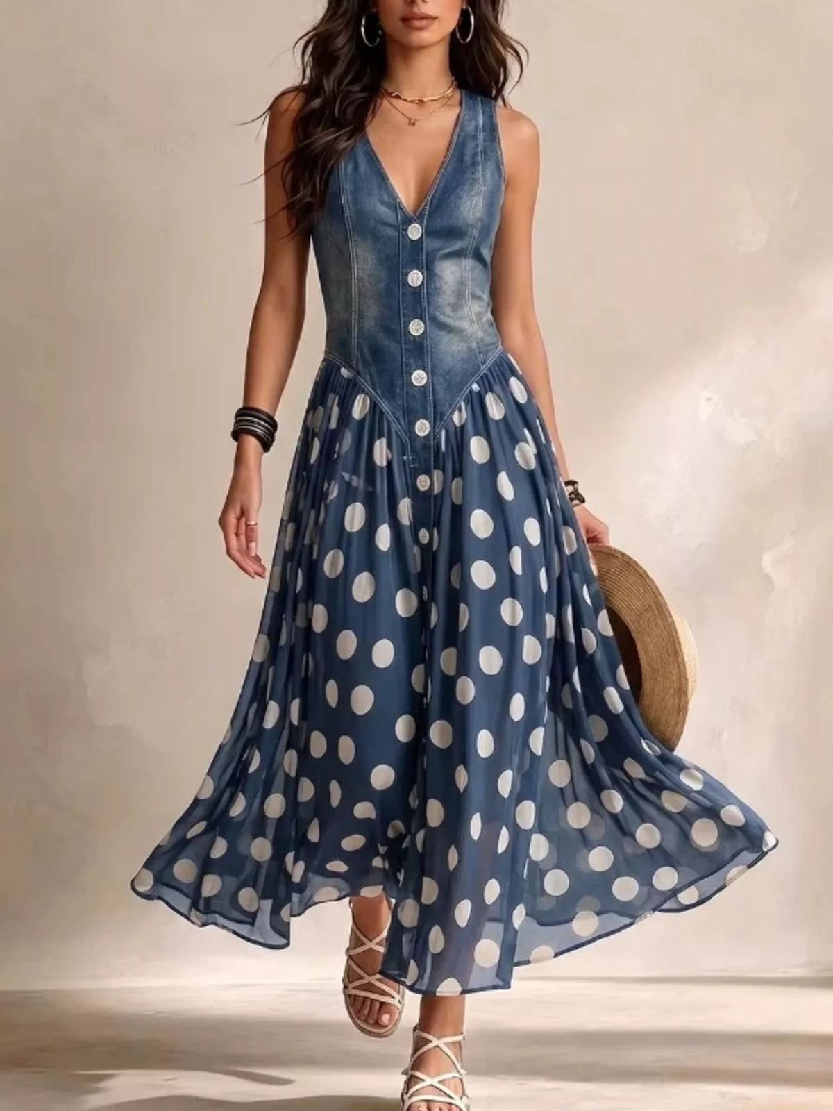 Blue polka dot sleeveless maxi dress — front view