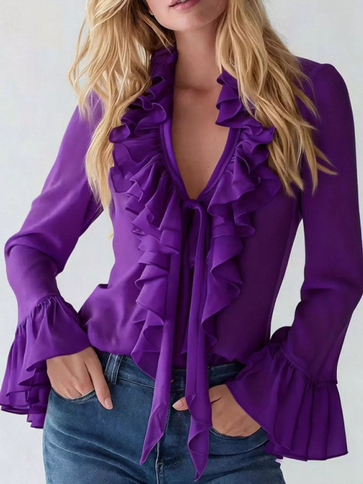 V-neck long sleeve blouse, front view on model