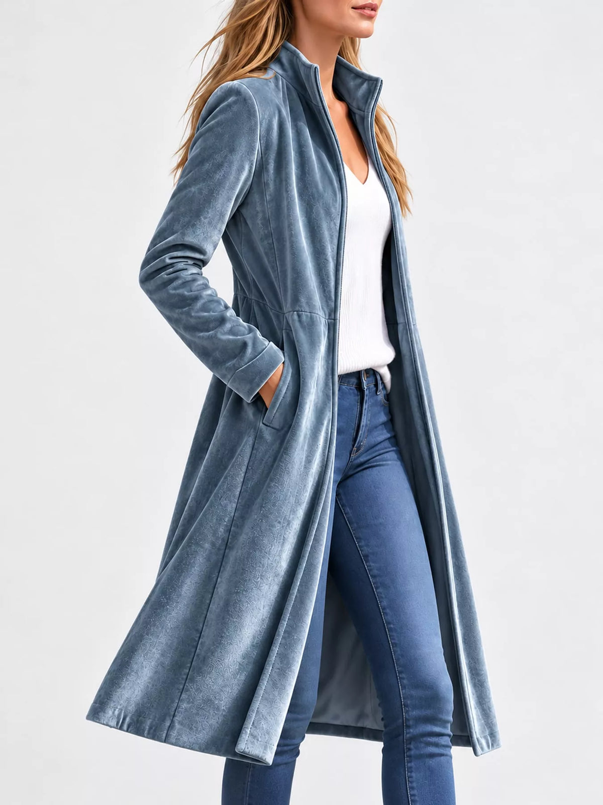 Blue velvet zip-up longline jacket