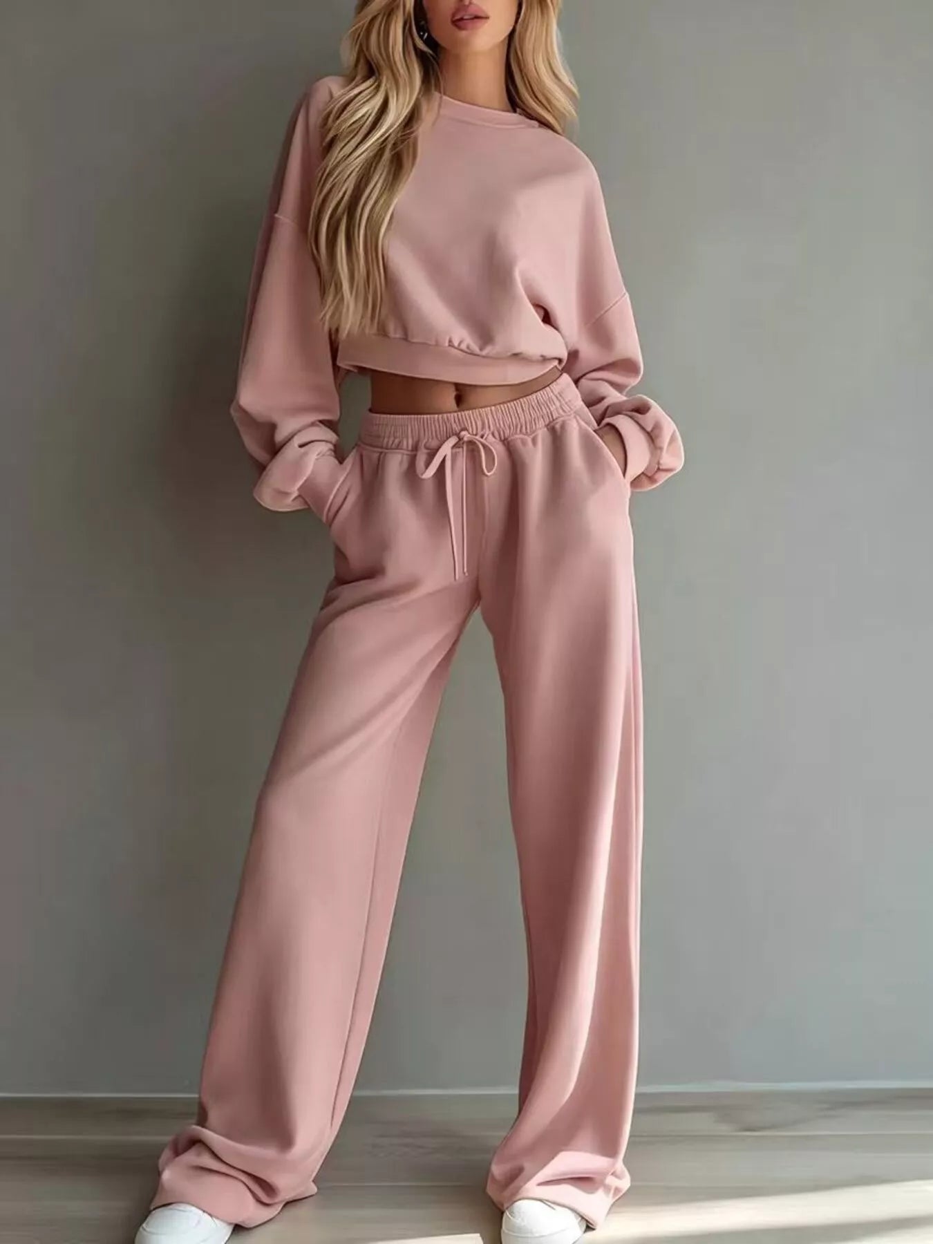 Trendsi Round Neck Cropped Sweatshirt and Wide-Leg Pants -