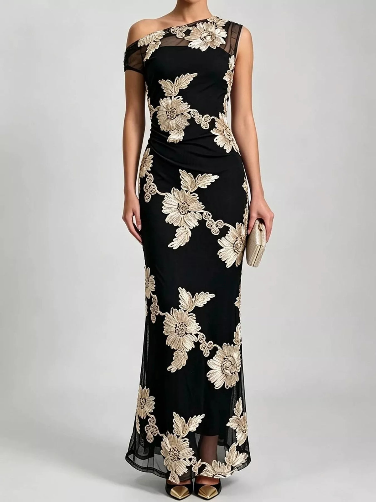 Black floral one-shoulder maxi dress, front view