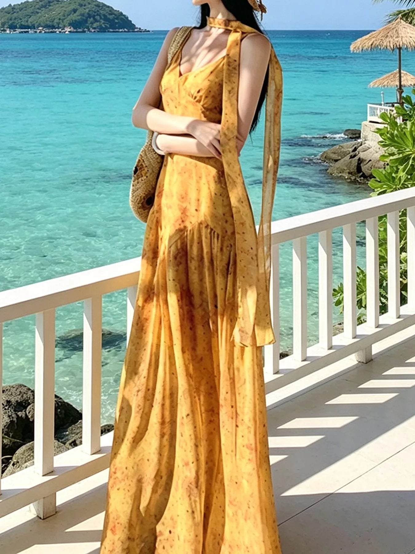 Trendsi Floral Print V-Neck Cami Dress with Scarf -