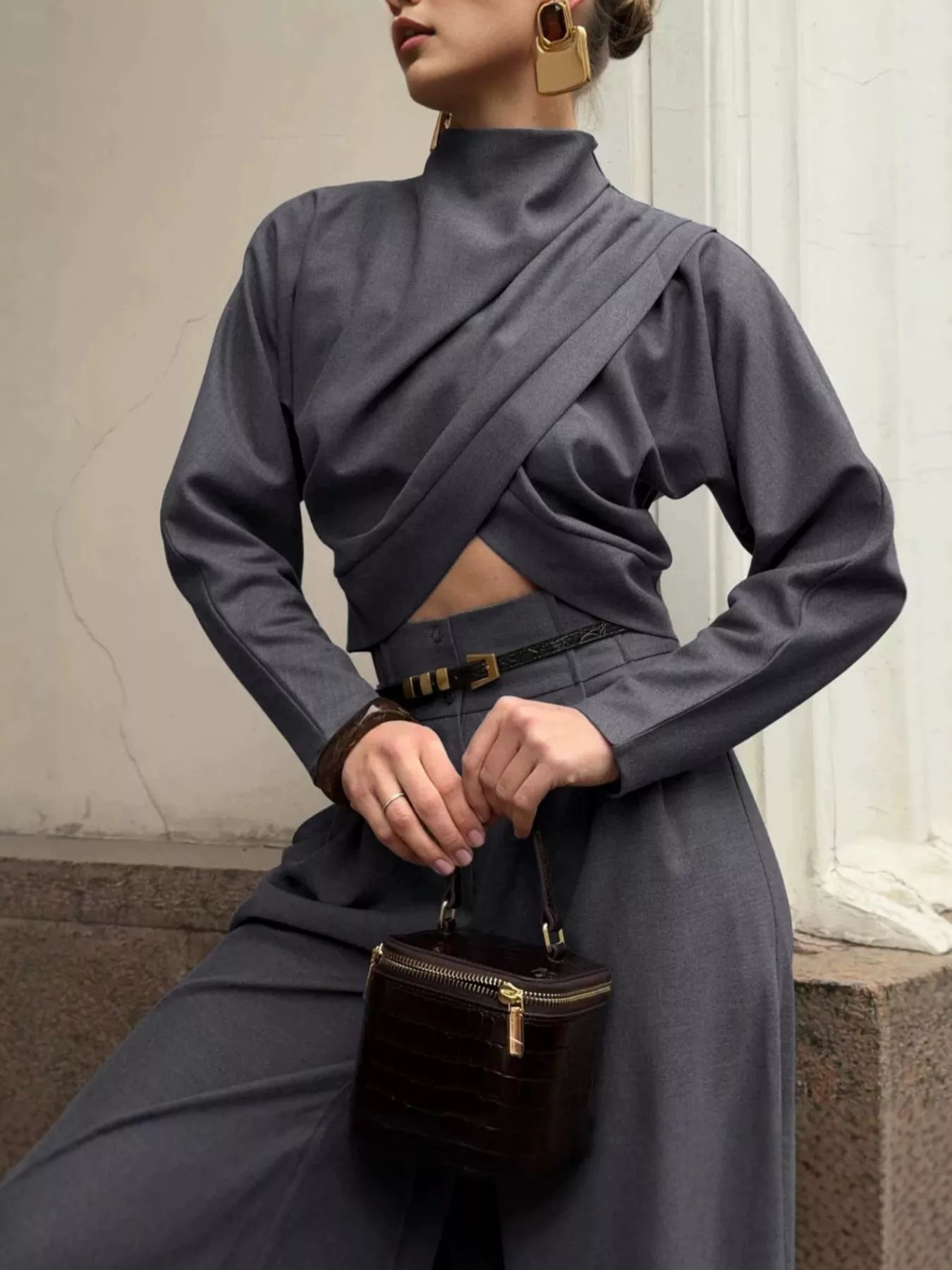 Trendsi Draped Crop Top and Wide-Leg Pants Set -