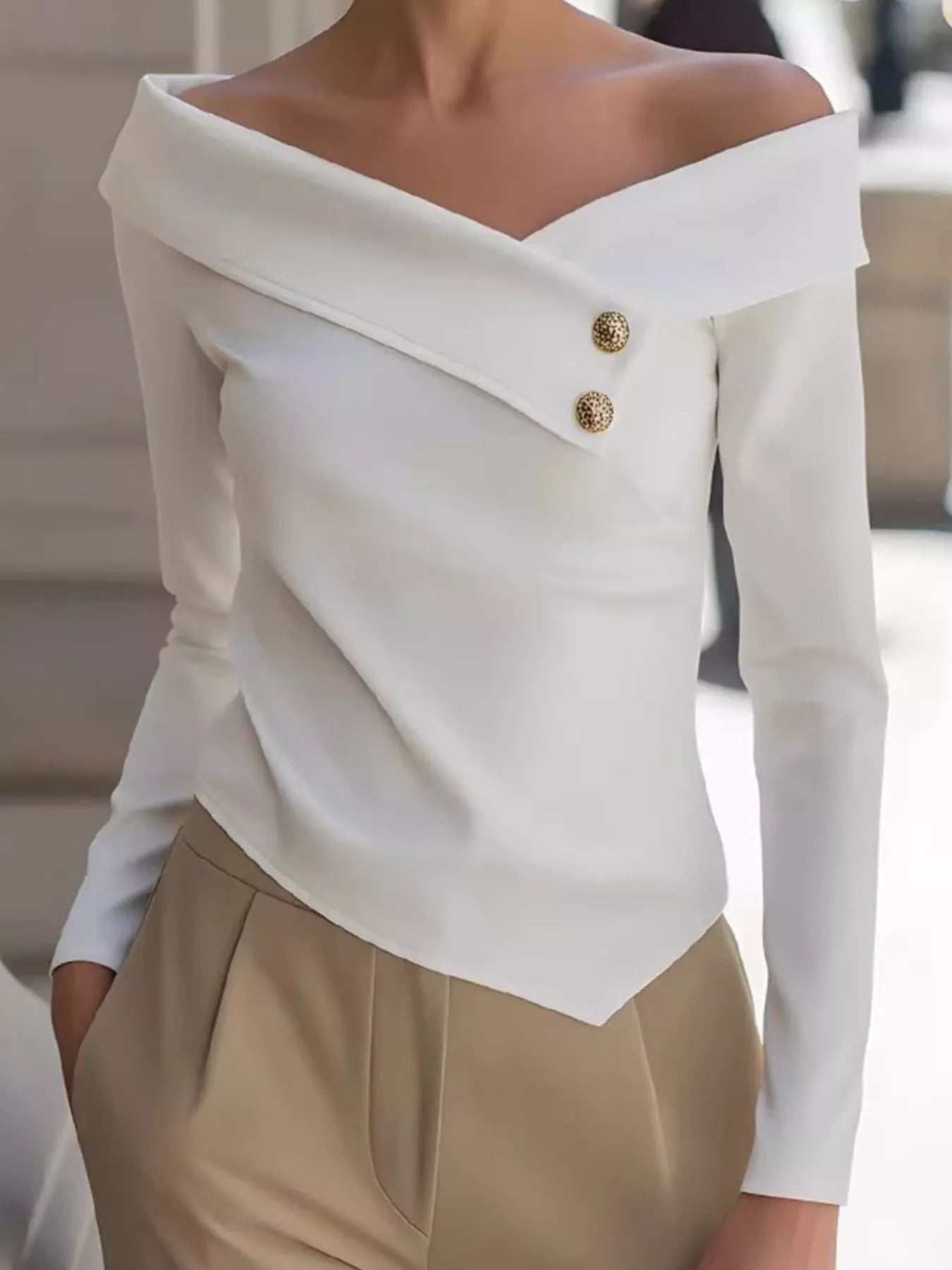 Trendsi Elegant Off-the-Shoulder Blouse with Decorative Buttons -