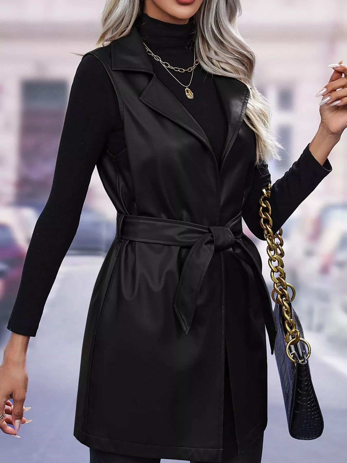 Tie Waist Longline Vest in black, front view