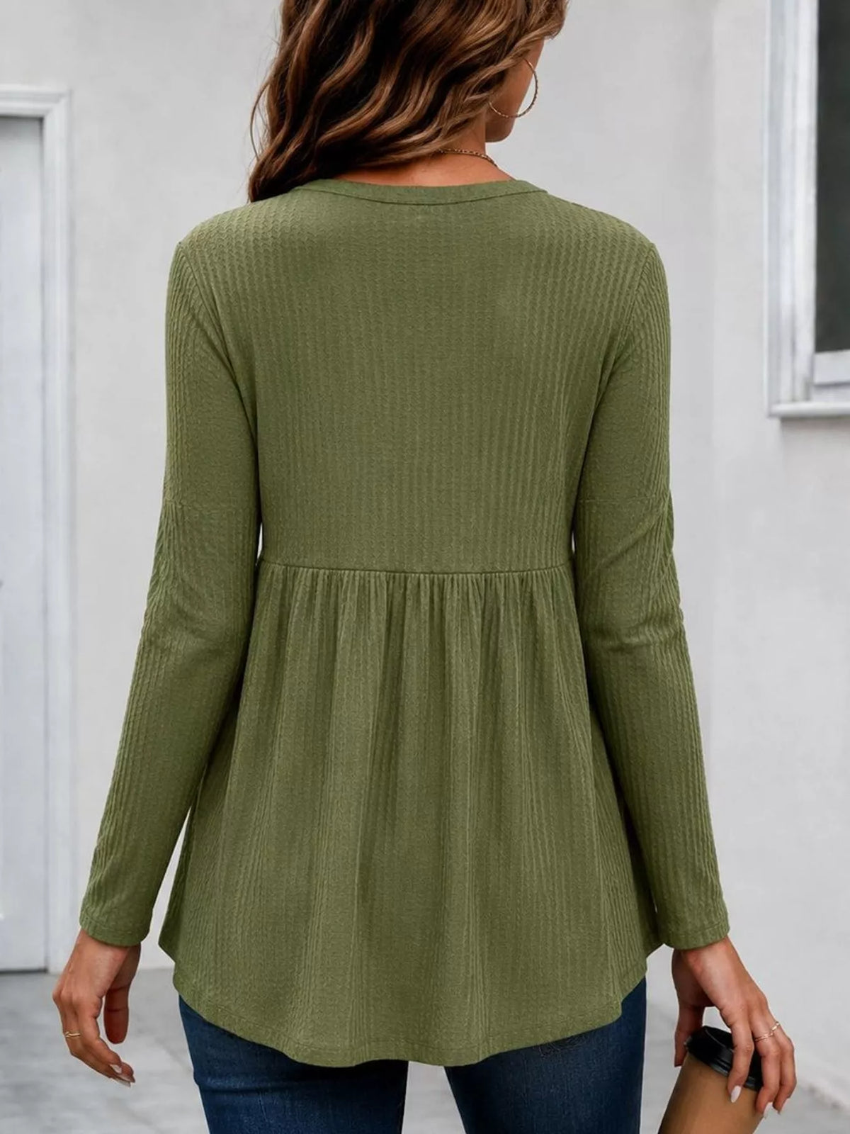 Women's Textured Long Sleeve Peplum Top in Moss, full-length view