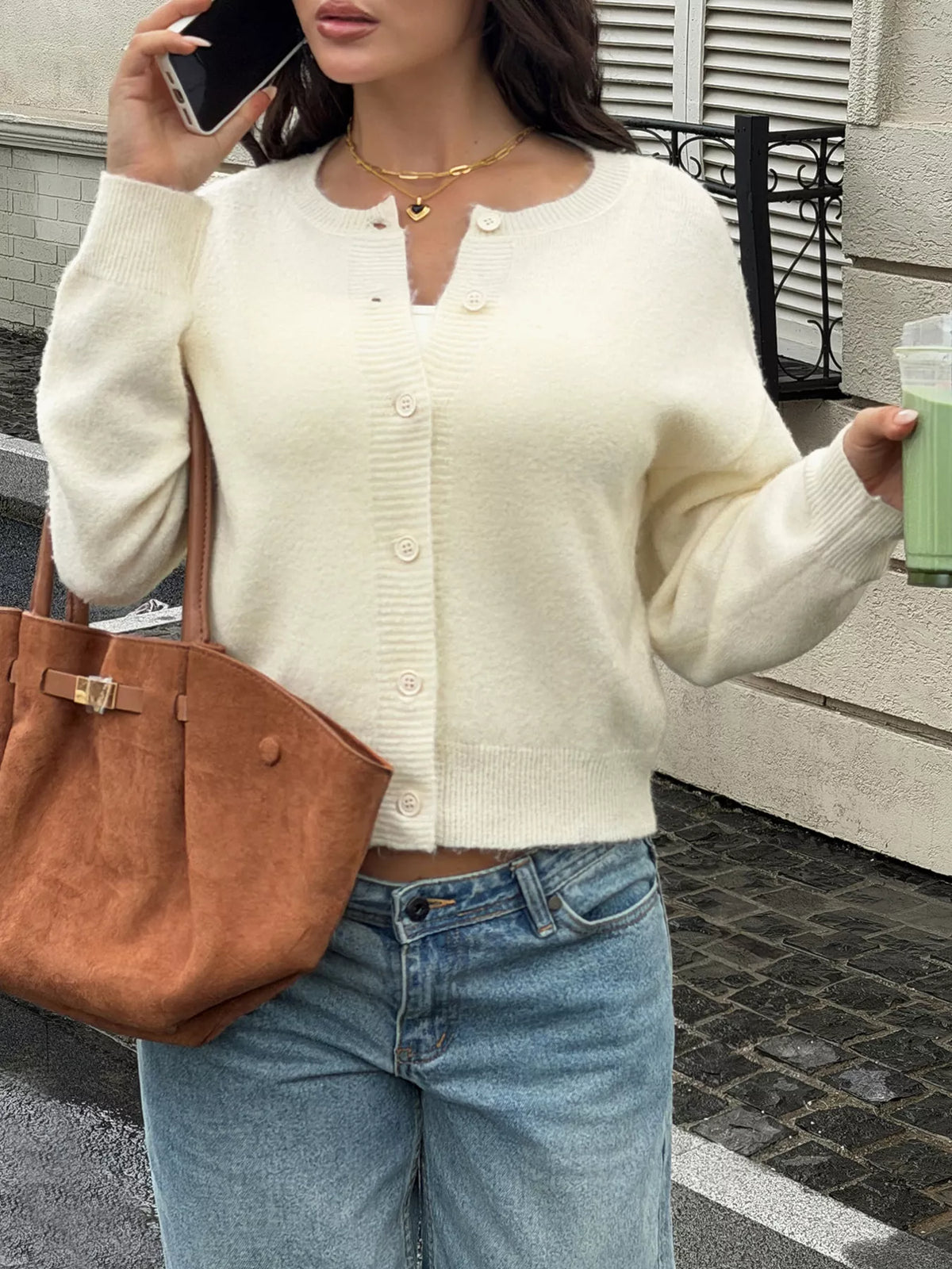 Apricot color apricot drop-shoulder button-down cardigan