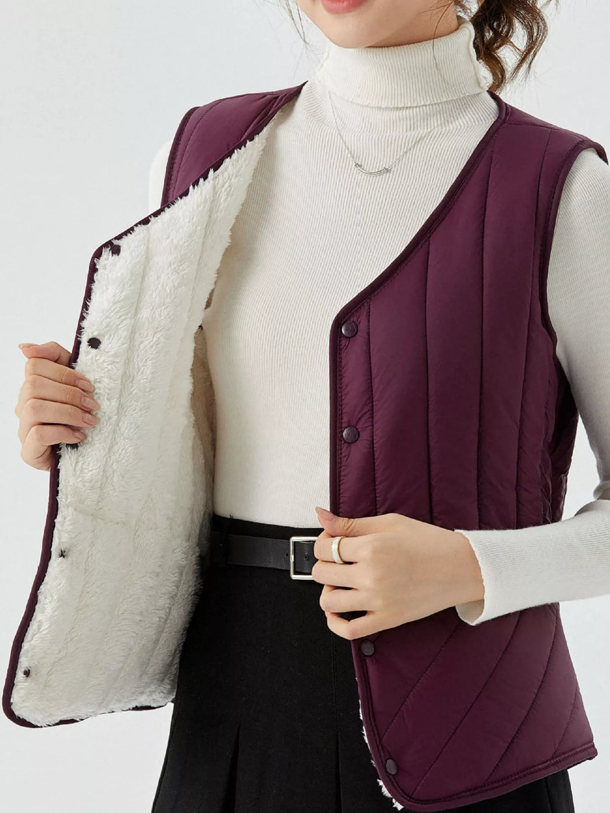 Quilted Button Up Vest in purple, front view