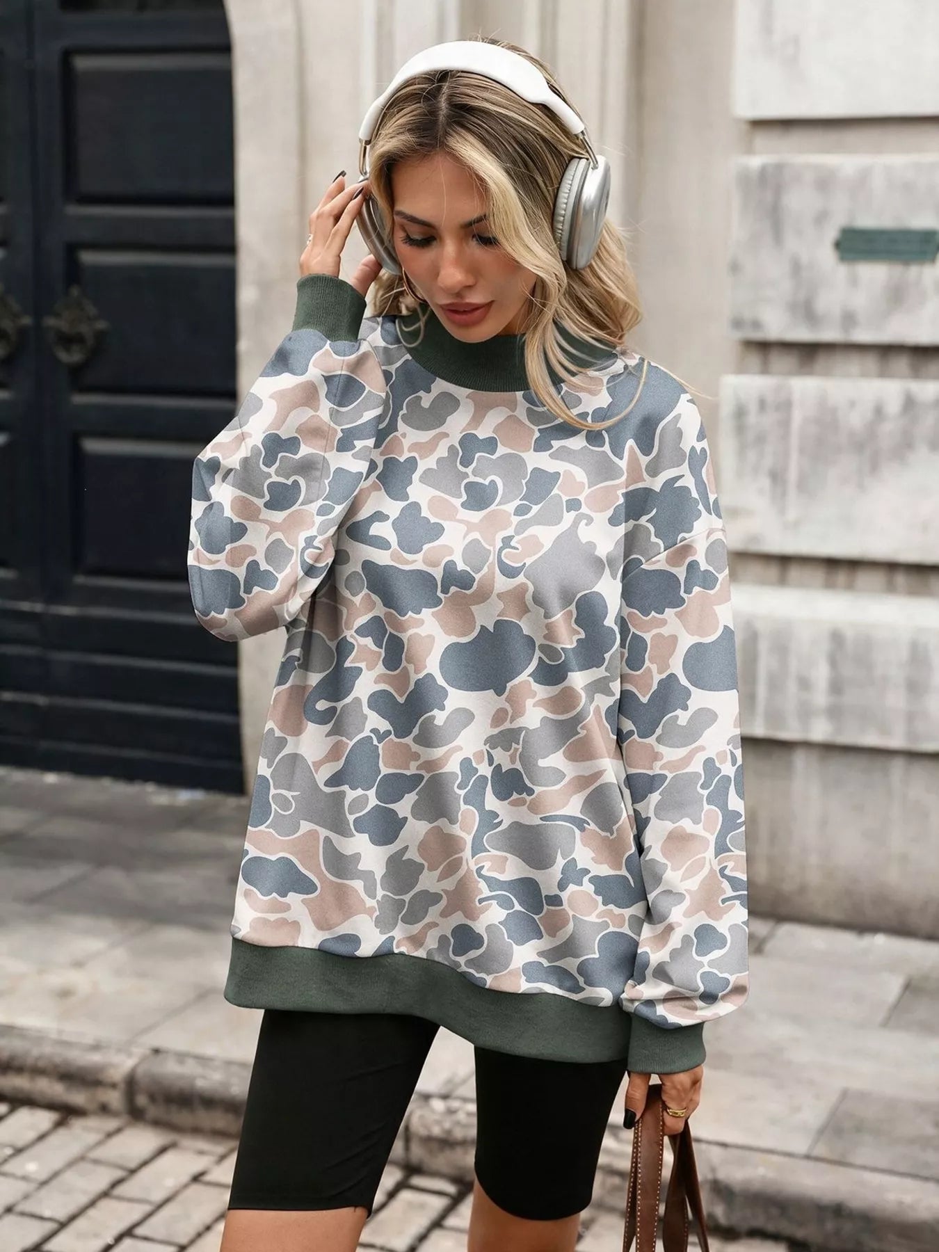 Camouflage-print mock-neck sweatshirt