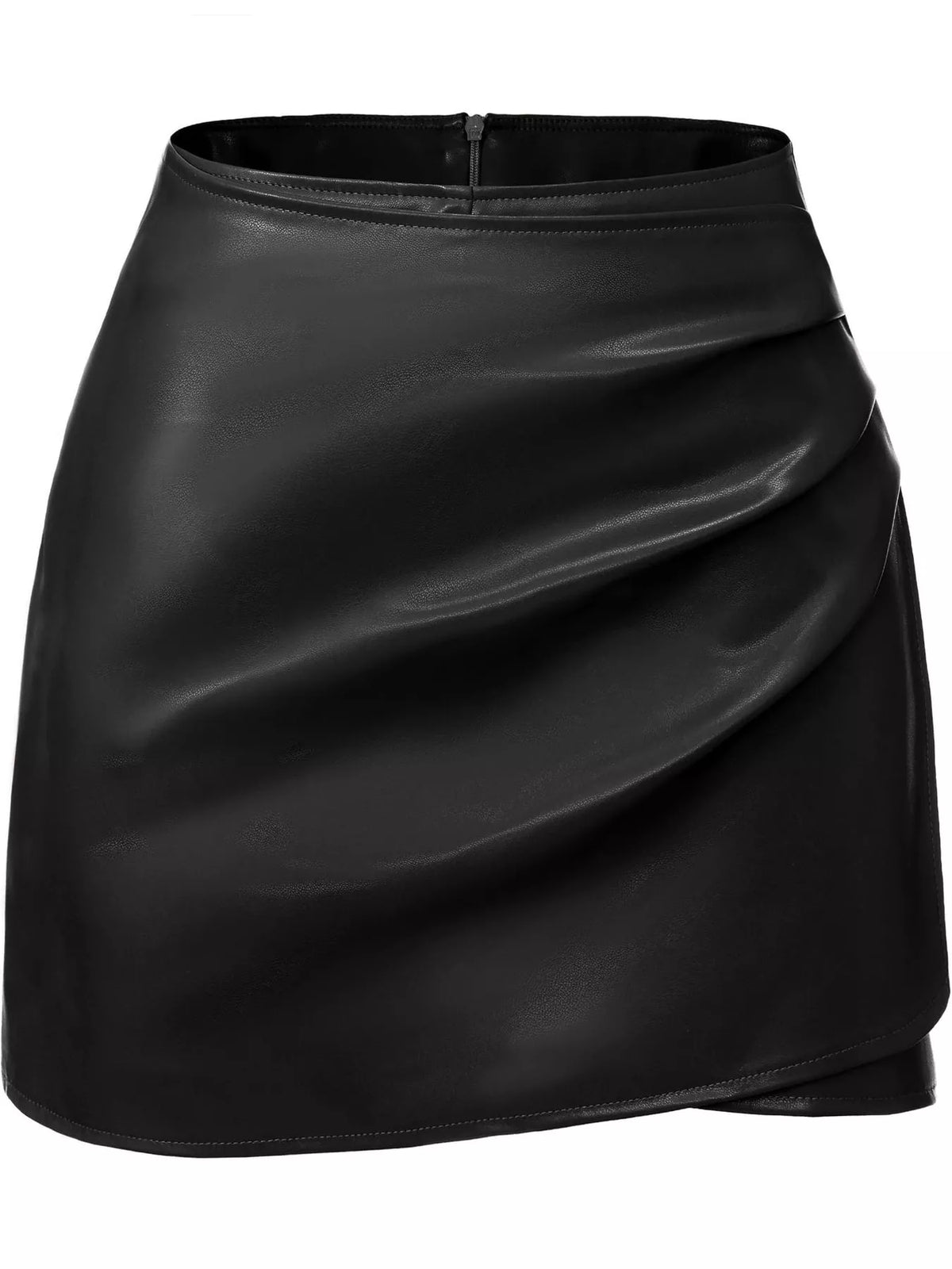High-Waisted Ruched Faux Leather Skort — garment front