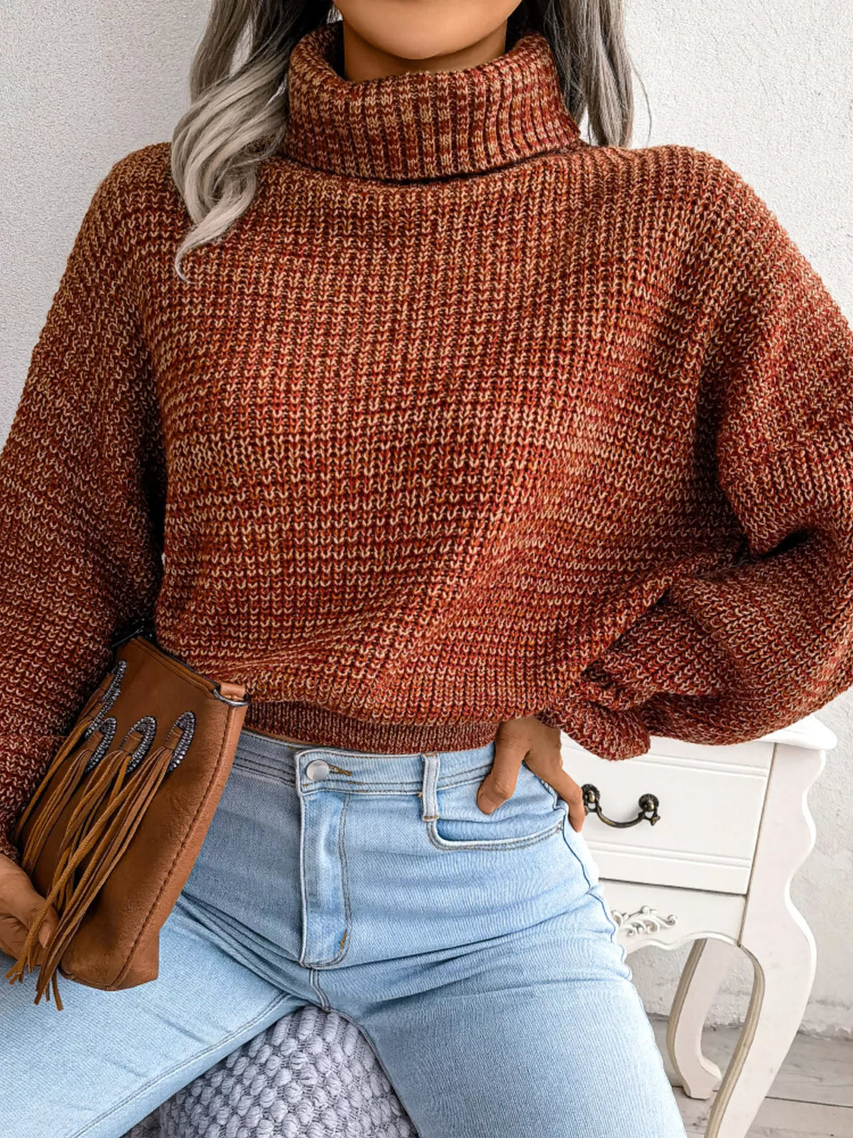 Turtleneck Dropped Shoulder Sweater in brown, back view