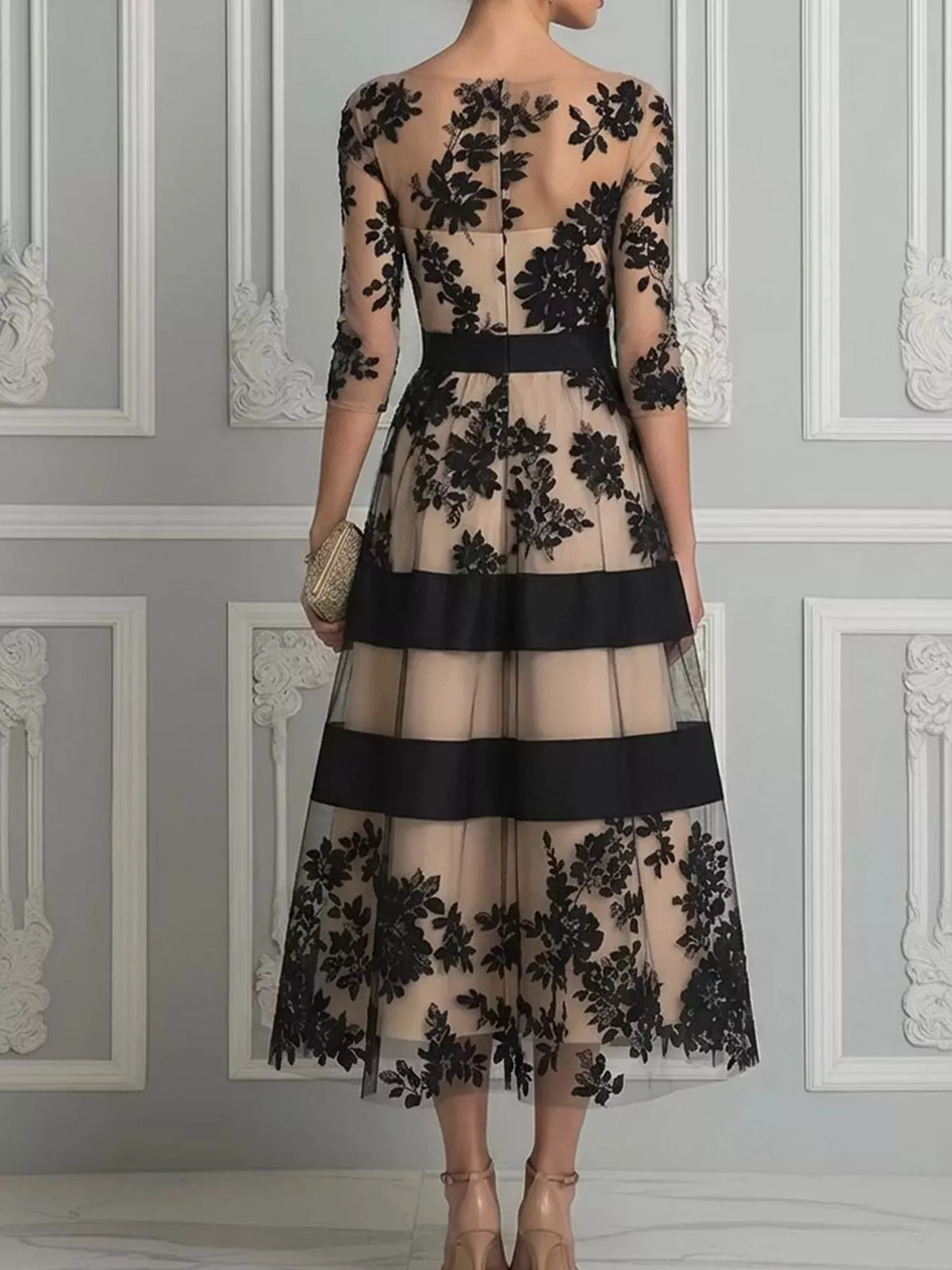 Beige and black floral tulle midi dress with black horizontal trim