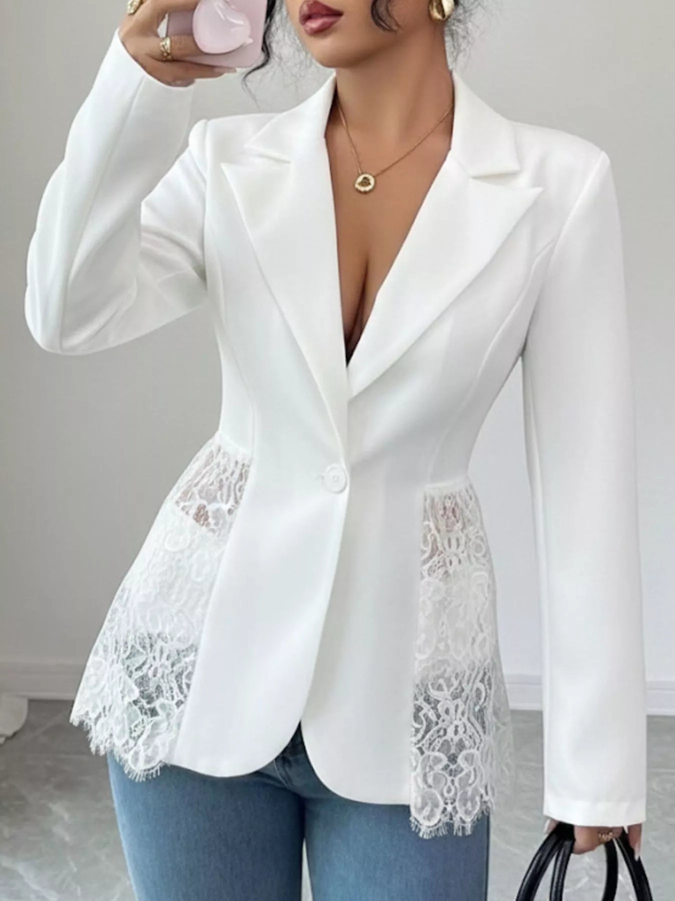 Trendsi Lace Detail One Button Blazer -