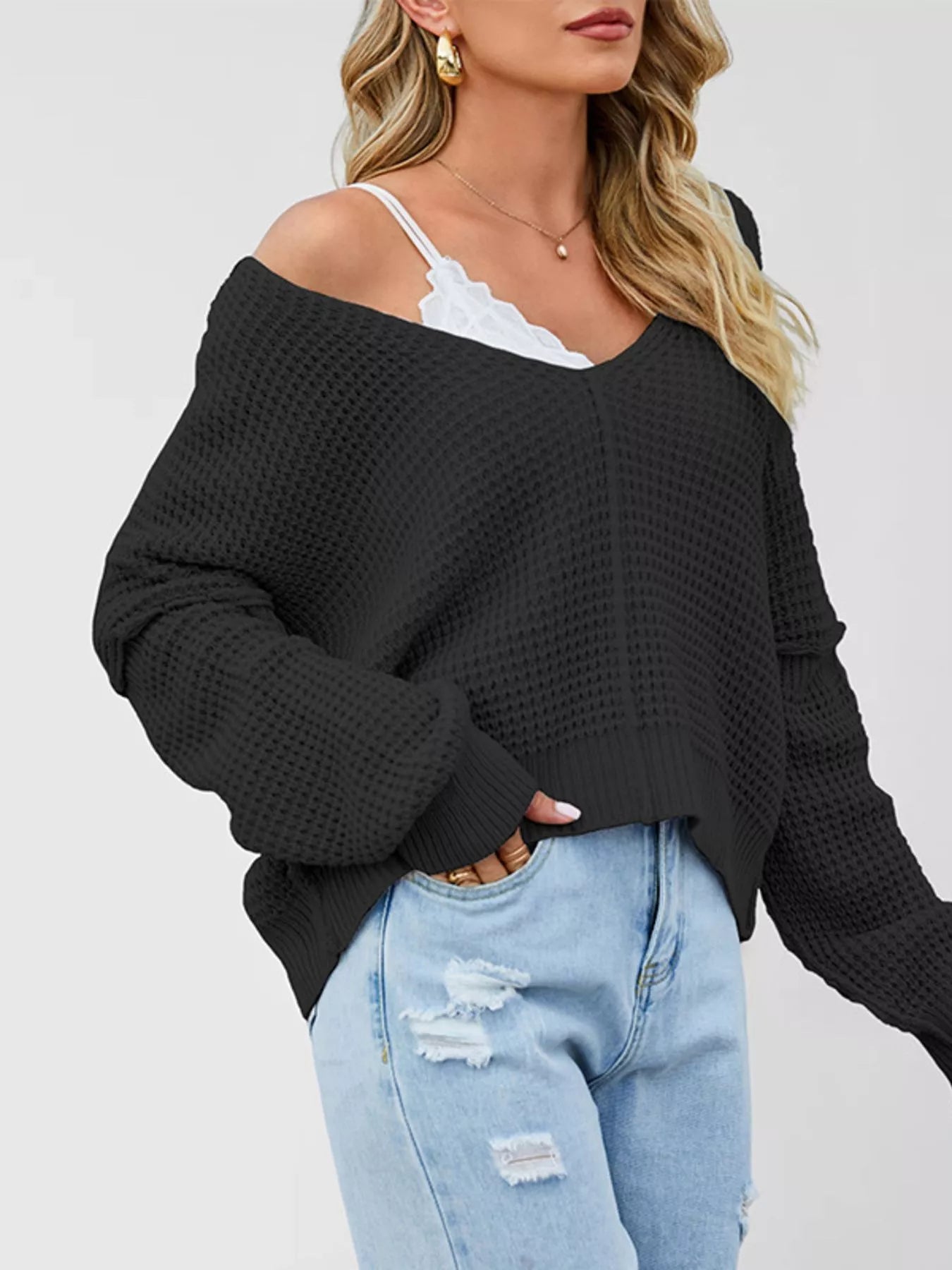 Trendsi Waffle Knit Dropped Shoulder Sweater -