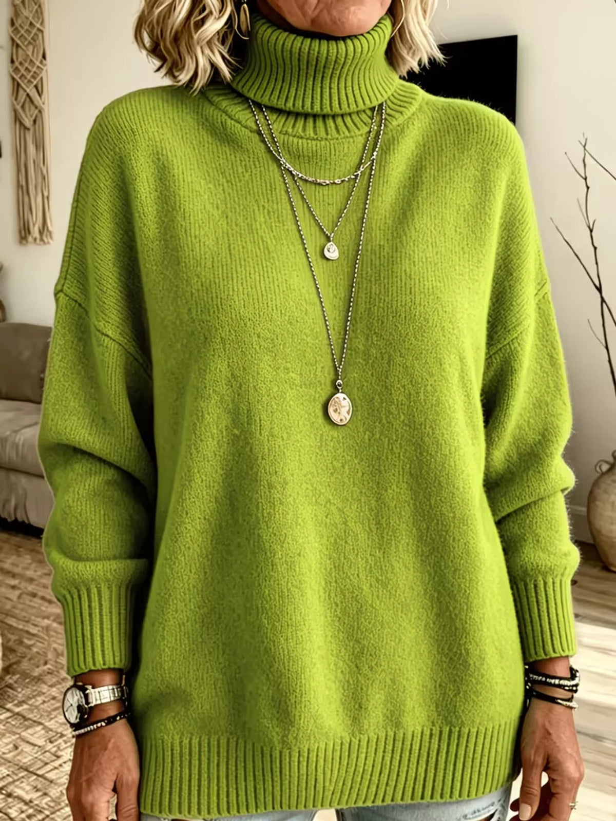 Green turtleneck sweater