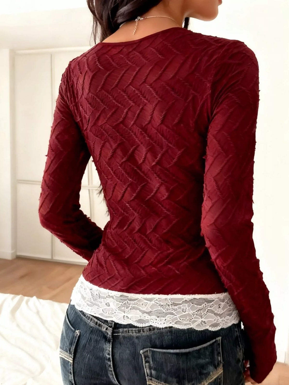 Burgundy square-neck lace-trim top, back view