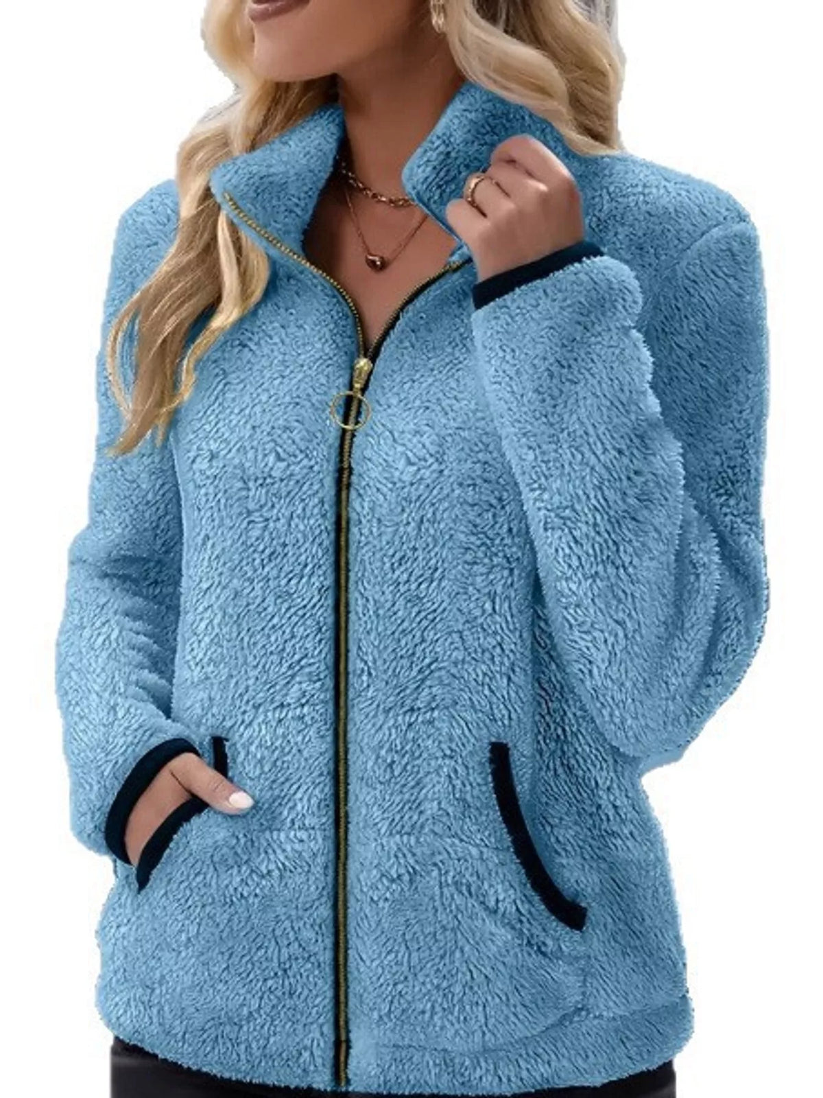 Contrast-trim fleece jacket, blue front