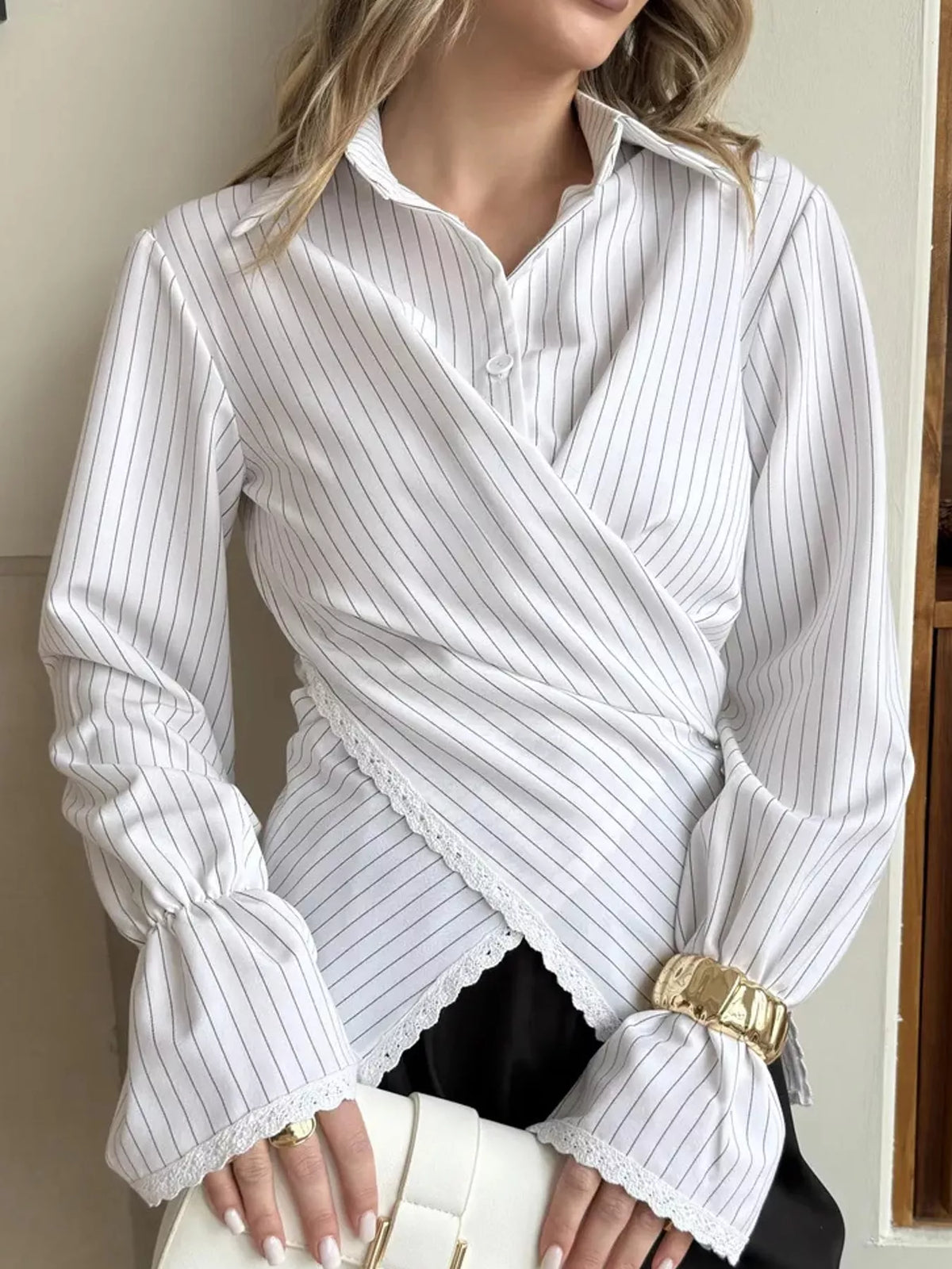 Lace-trim striped shirt, white front