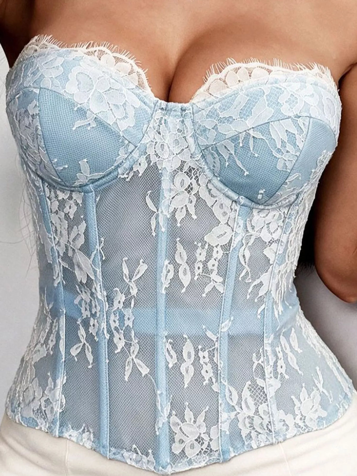 Blue lace corset tube top