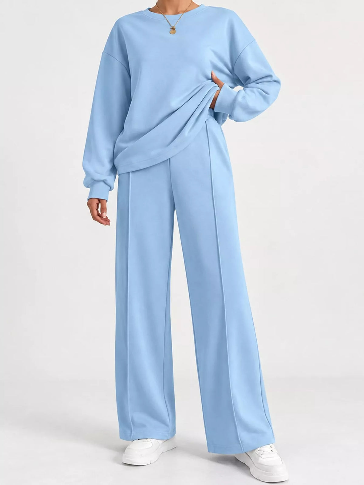 Blue oversized sweatshirt and wide-leg pants set — front view