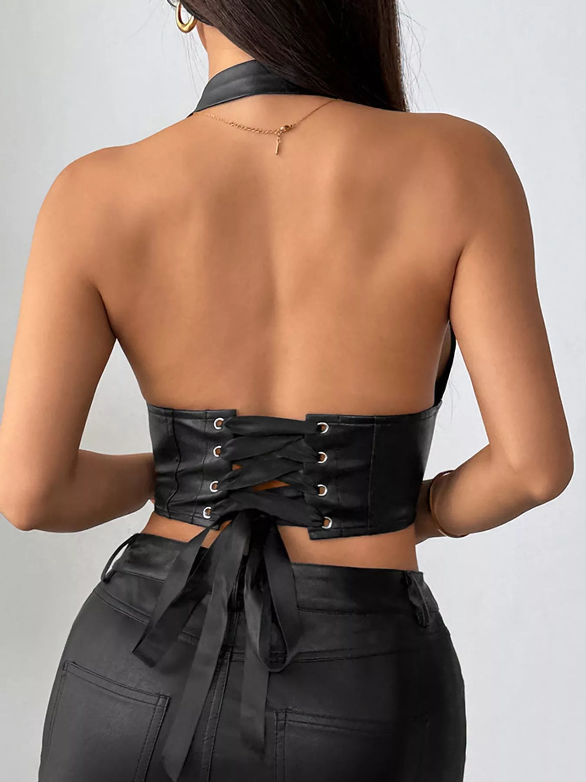 Lace-Up Back Halter Neck Cami — back view