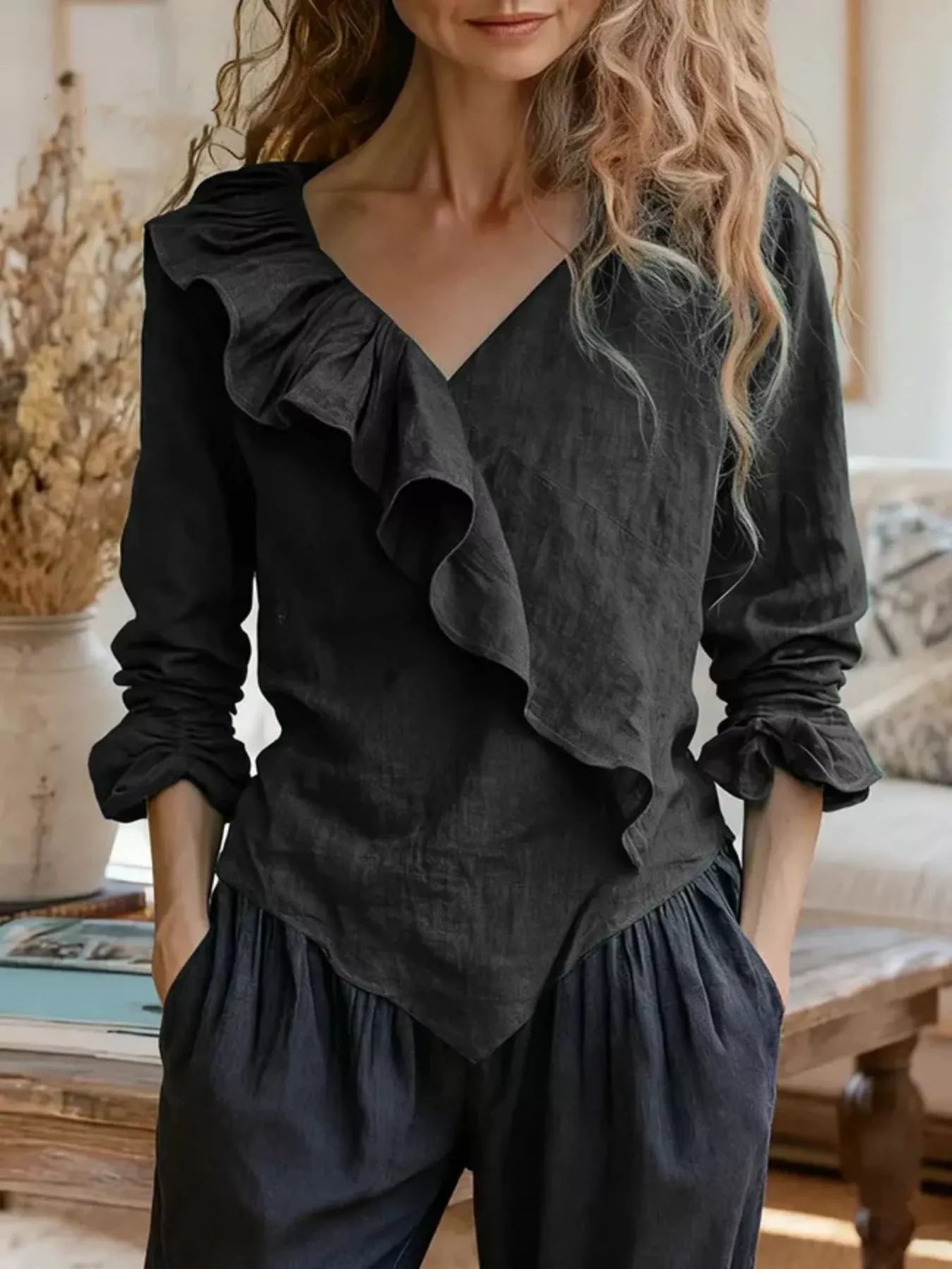 Trendsi V-Neck Ruffled Long Sleeve Blouse -