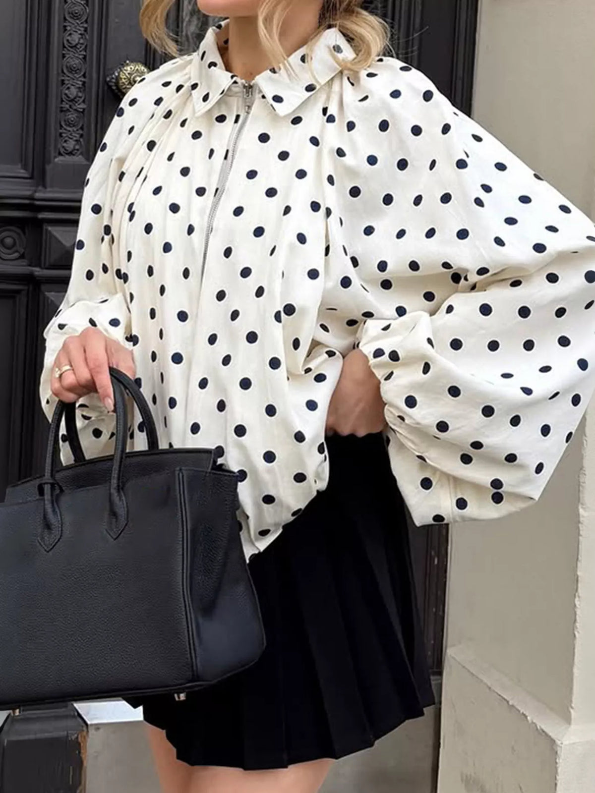 Polka-dot zip-front blouse