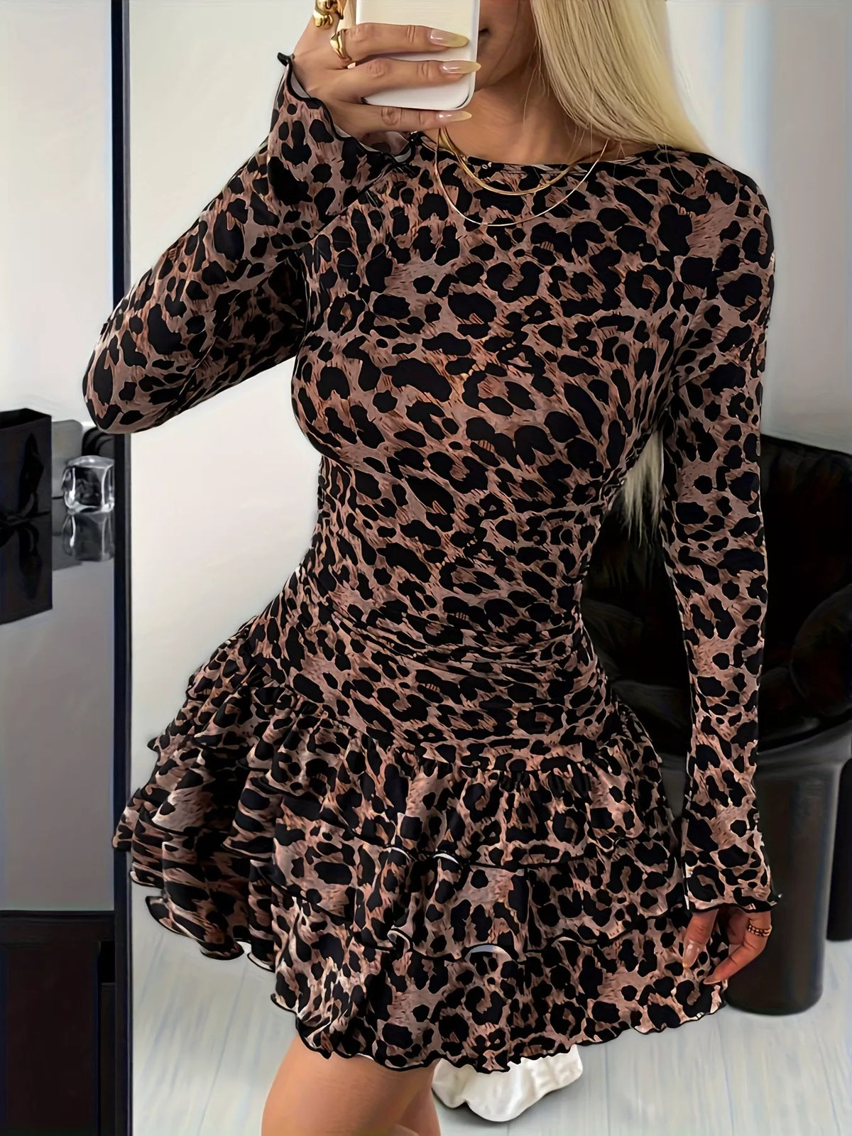 Long sleeve ruffled-hem mini dress