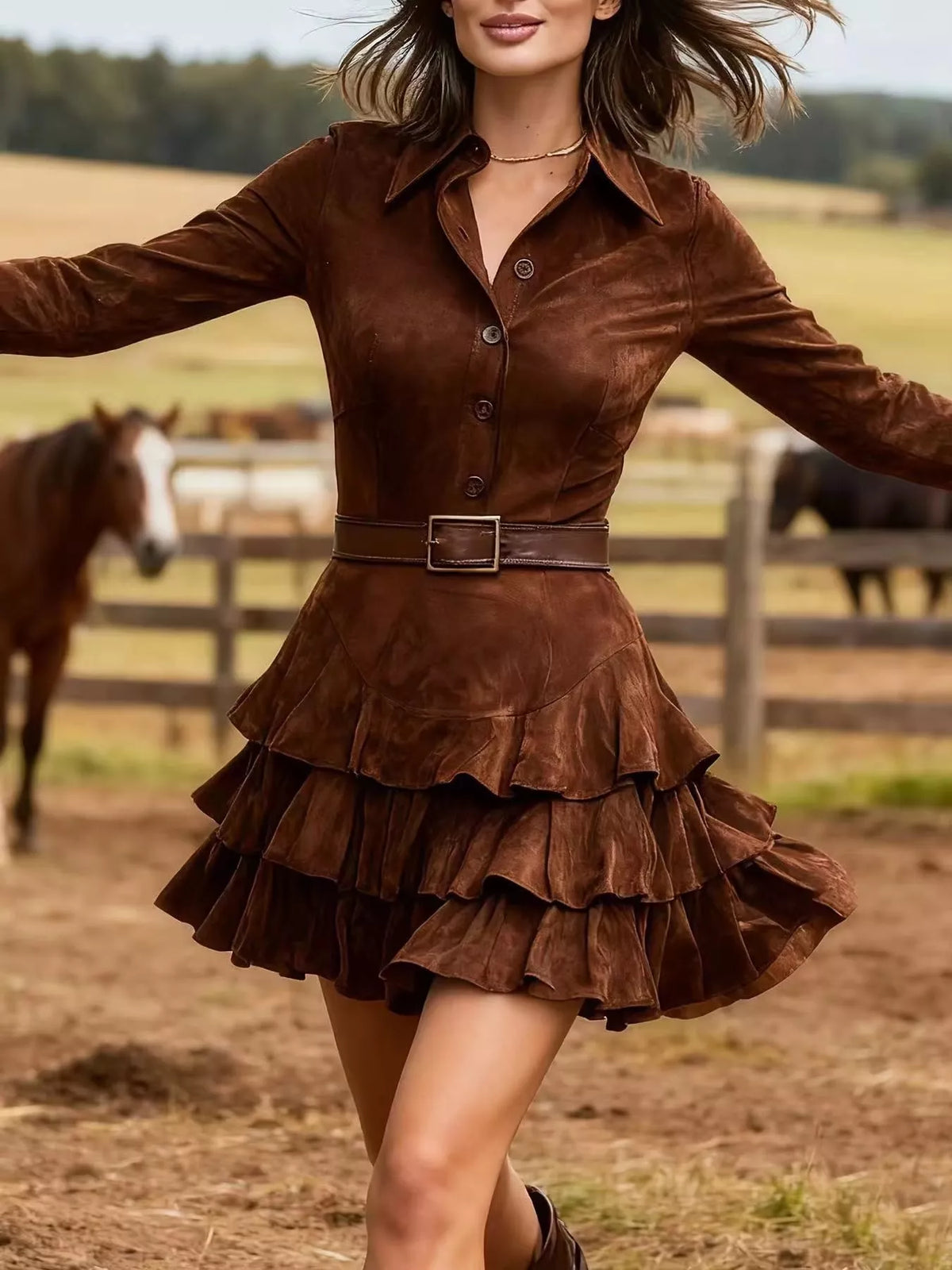 Ruffle Layered Button Front Mini Dress in brown