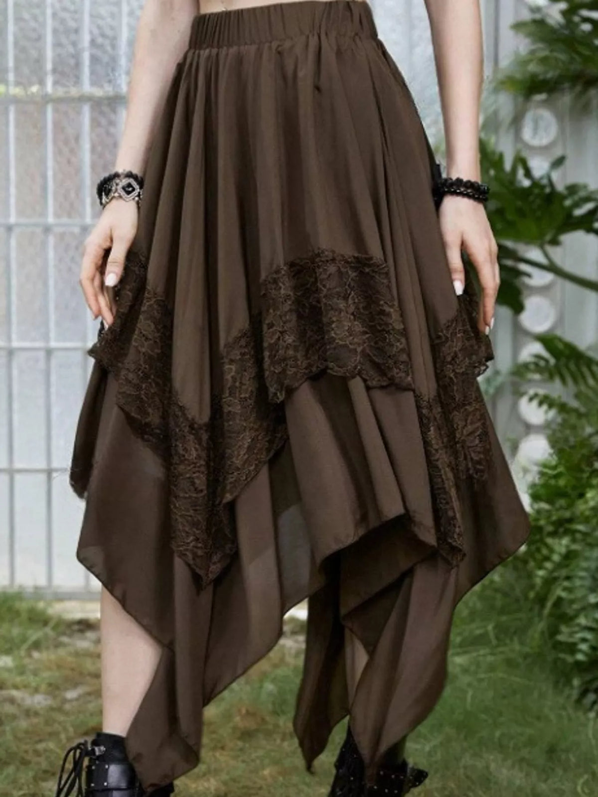 Asymmetric lace skirt, brown front