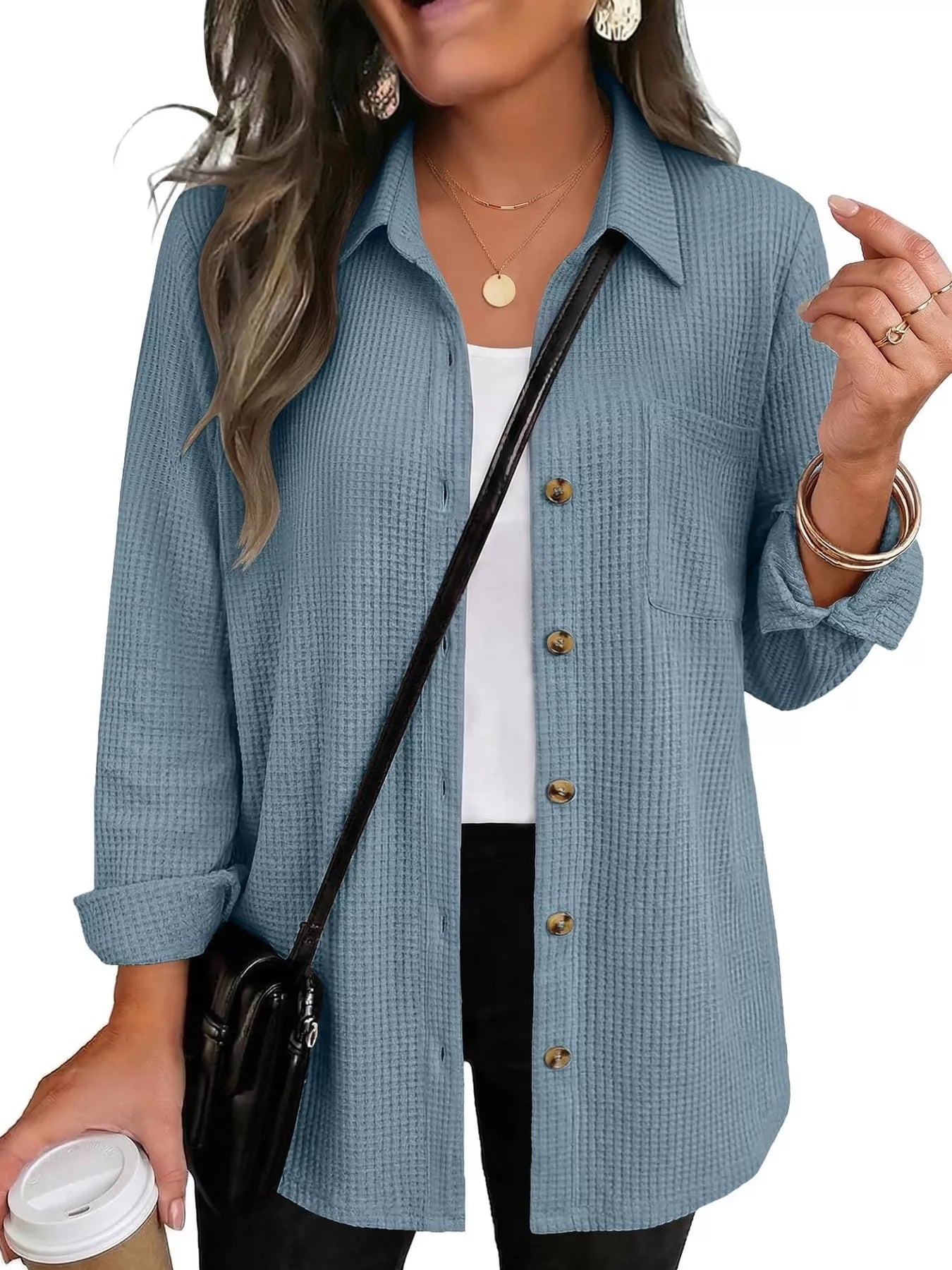 Trendsi Waffle Knit Button-Down Long Sleeve Shirt -