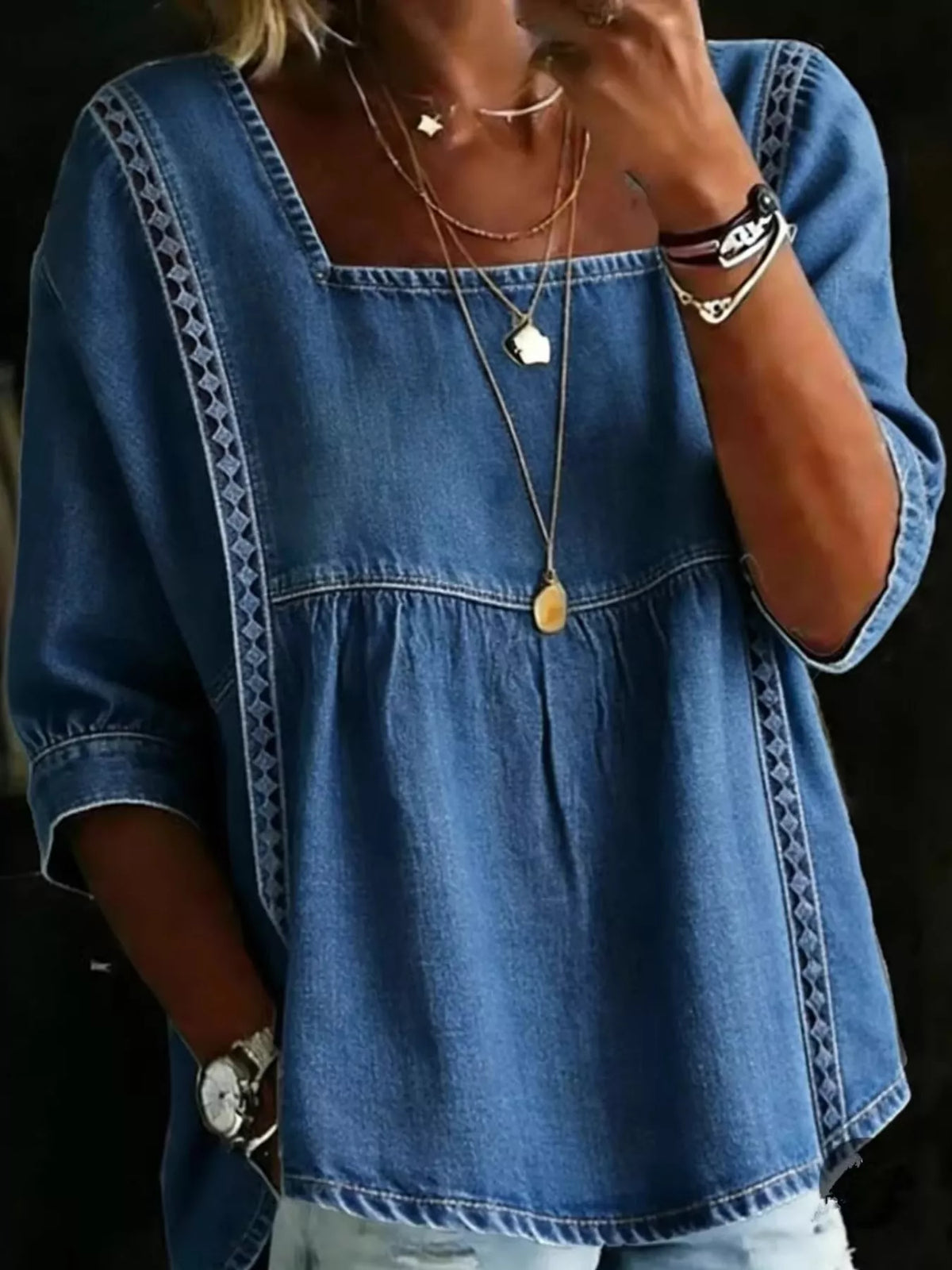 Navy square neck embroidered denim blouse