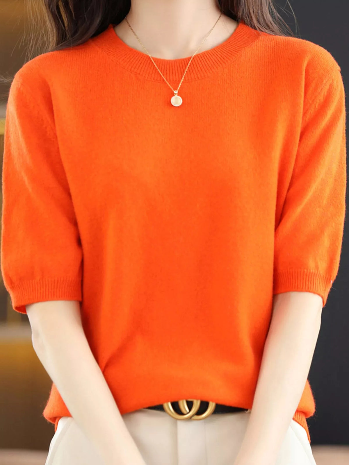 Bright Orange round neck short-sleeve sweater