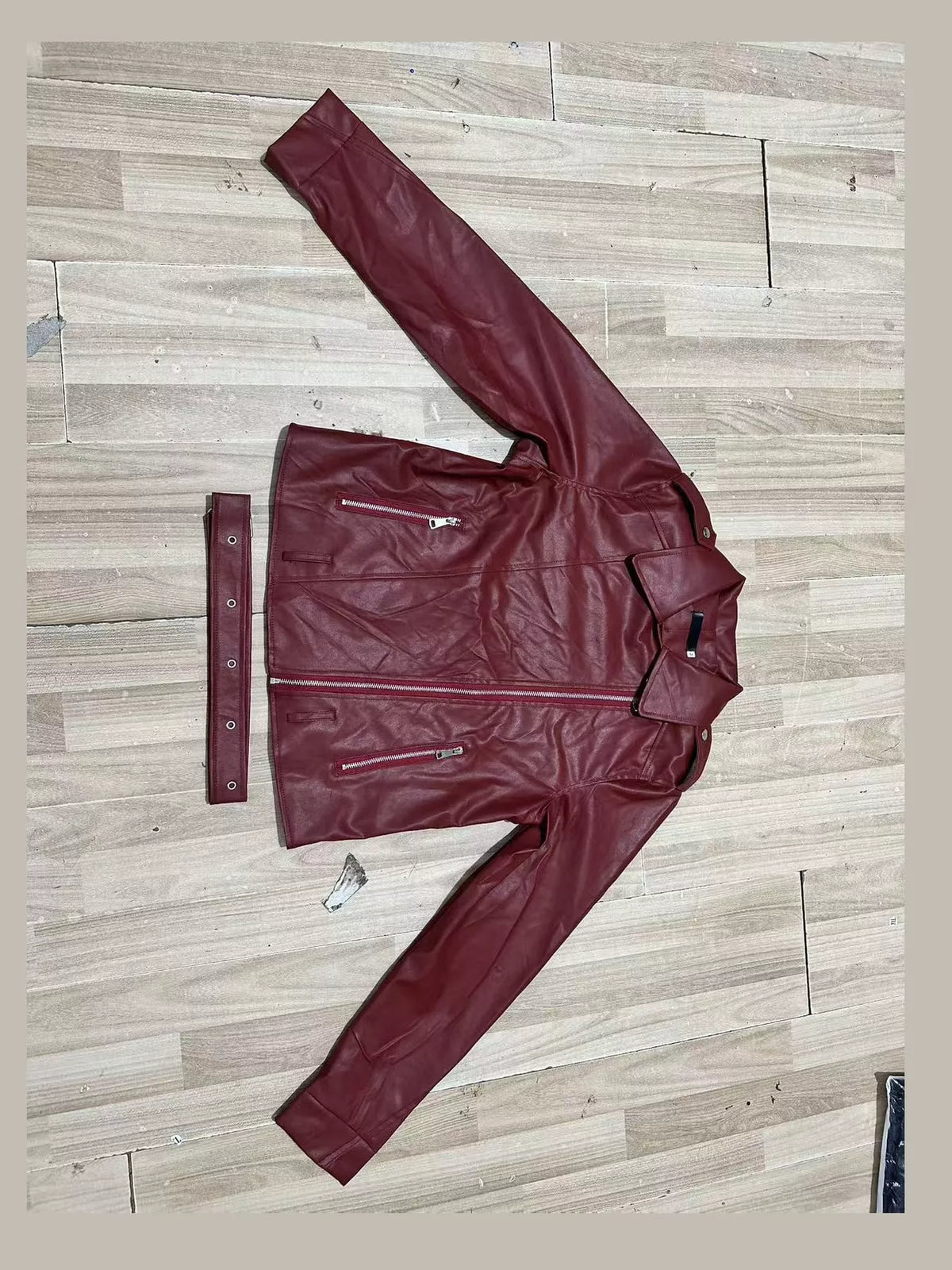 Faux Leather Zip Up Jacket in burgundy, front view